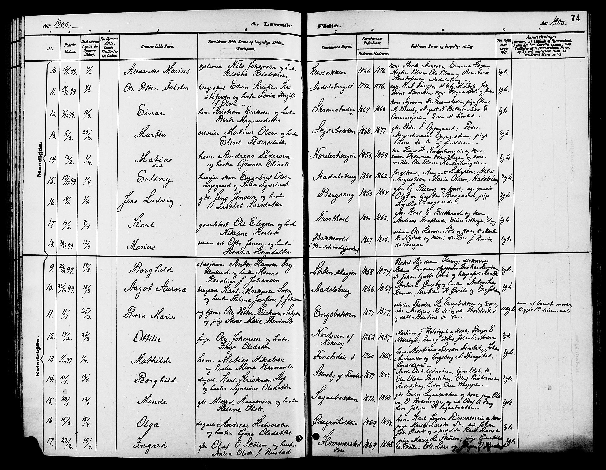 Løten prestekontor, SAH/PREST-022/L/La/L0006: Parish register (copy) no. 6, 1892-1909, p. 74