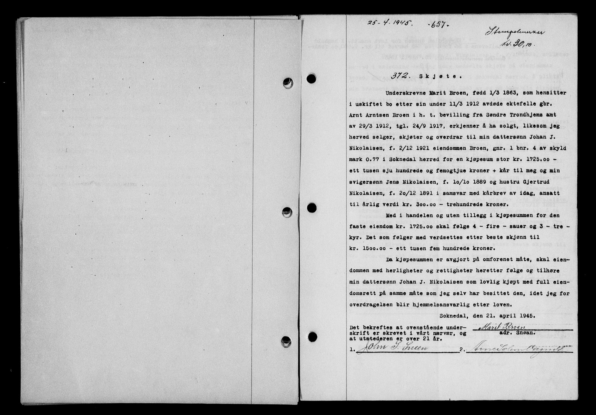 Gauldal sorenskriveri, SAT/A-0014/1/2/2C/L0058: Mortgage book no. 63, 1944-1945, Diary no: : 372/1945