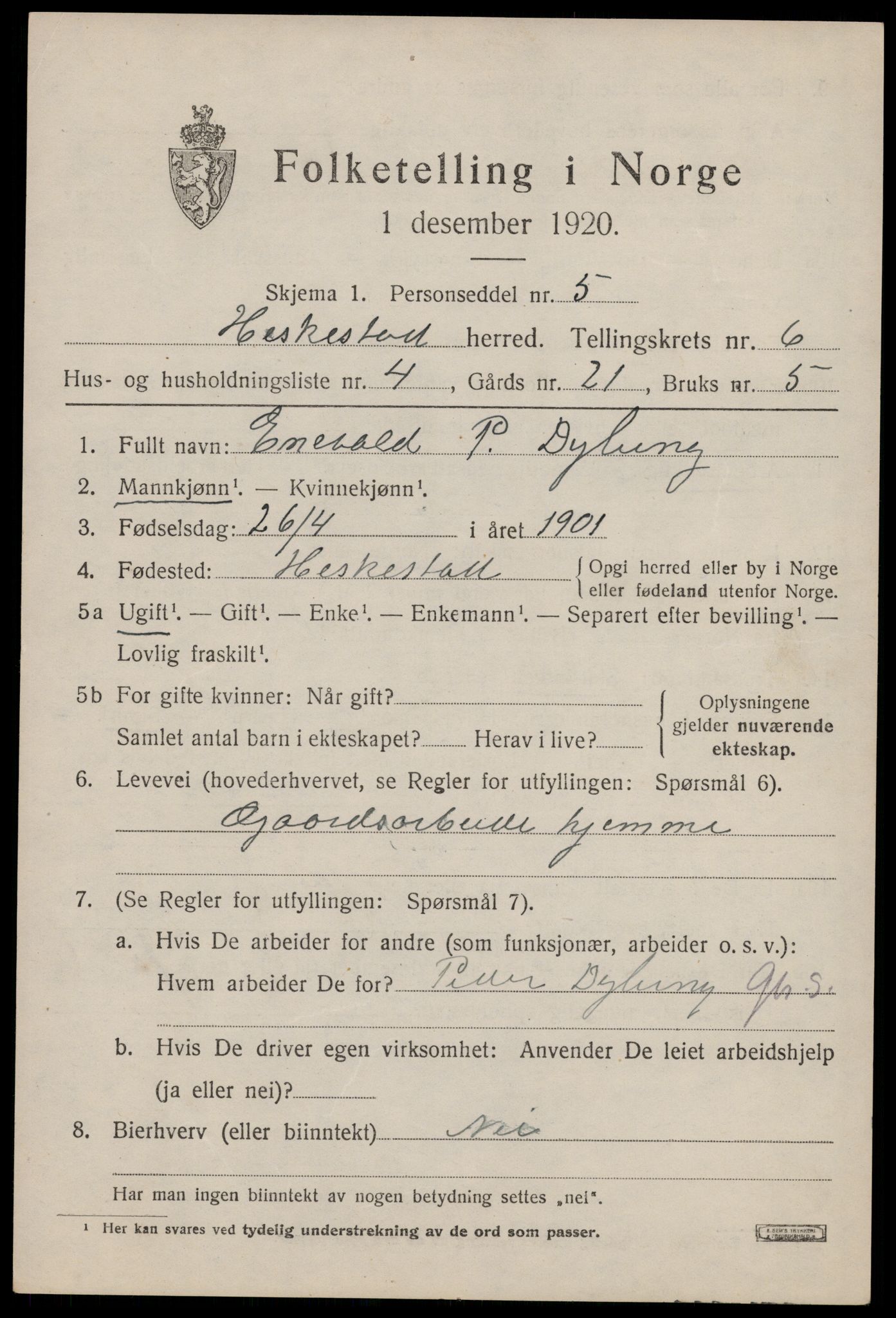 SAST, 1920 census for Heskestad, 1920, p. 2033