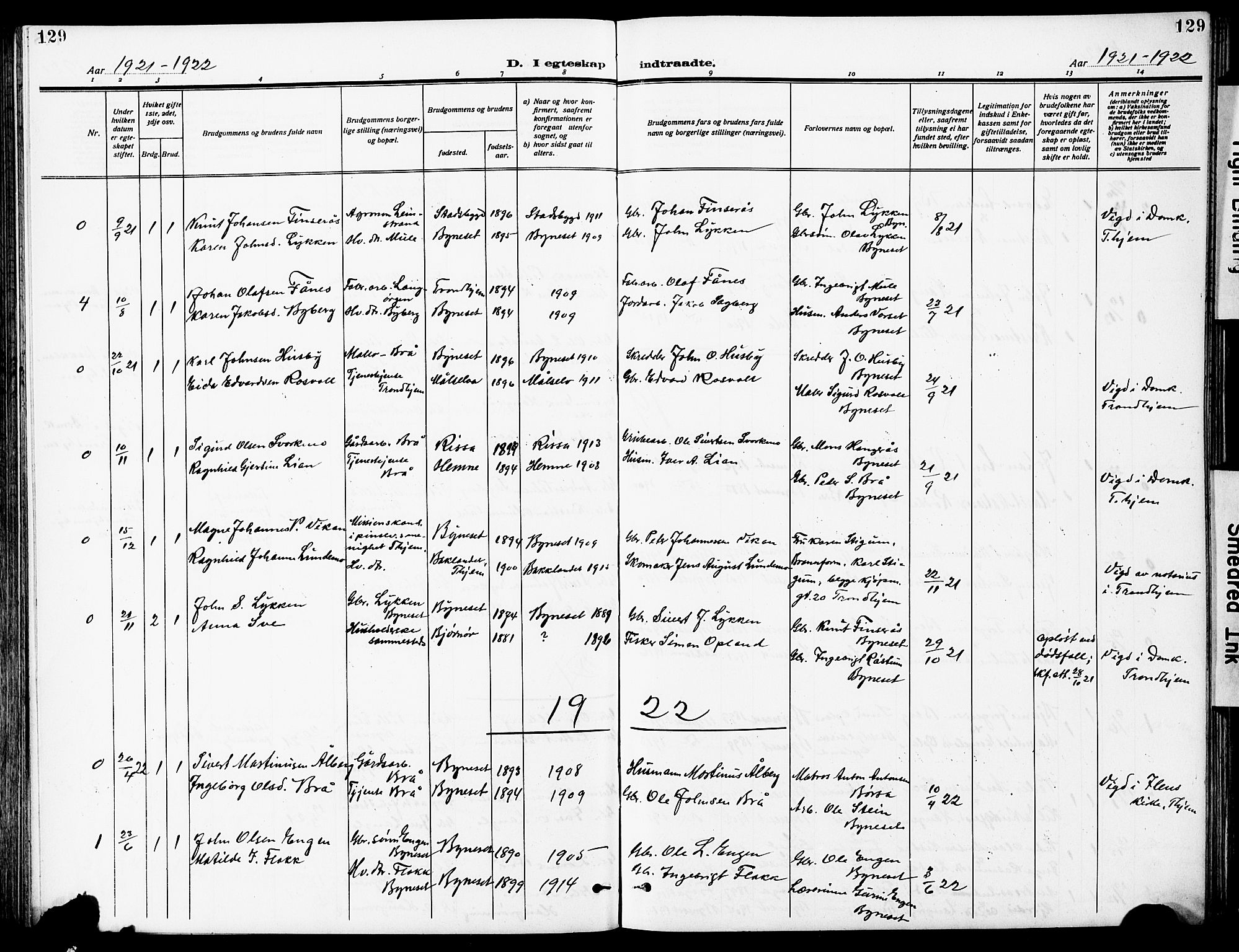 Ministerialprotokoller, klokkerbøker og fødselsregistre - Sør-Trøndelag, SAT/A-1456/612/L0388: Parish register (copy) no. 612C04, 1909-1929, p. 129