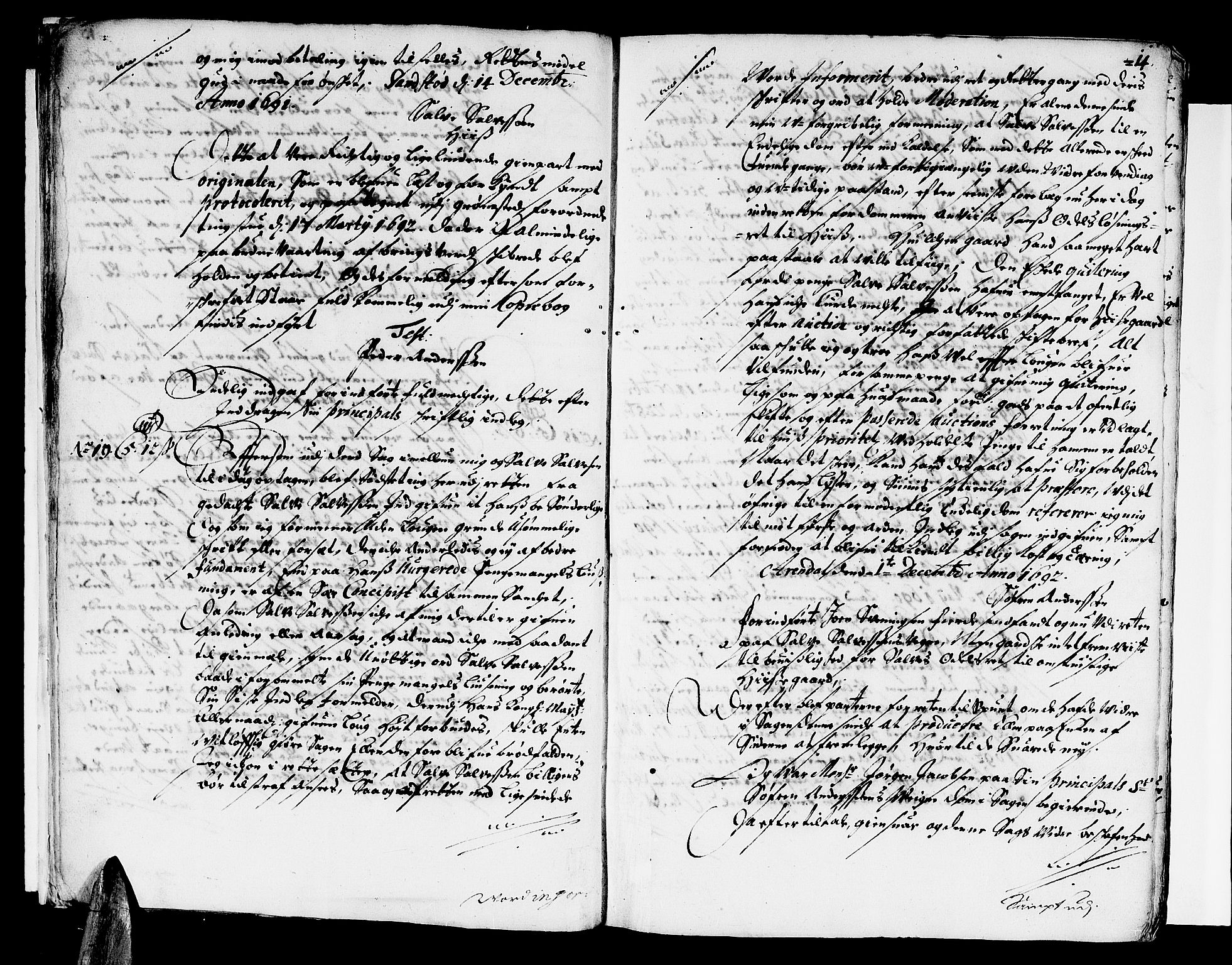 Nedenes sorenskriveri før 1824, SAK/1221-0007/F/Fa/L0007: Tingbok med register nr 4, 1692-1696, p. 13b-14a