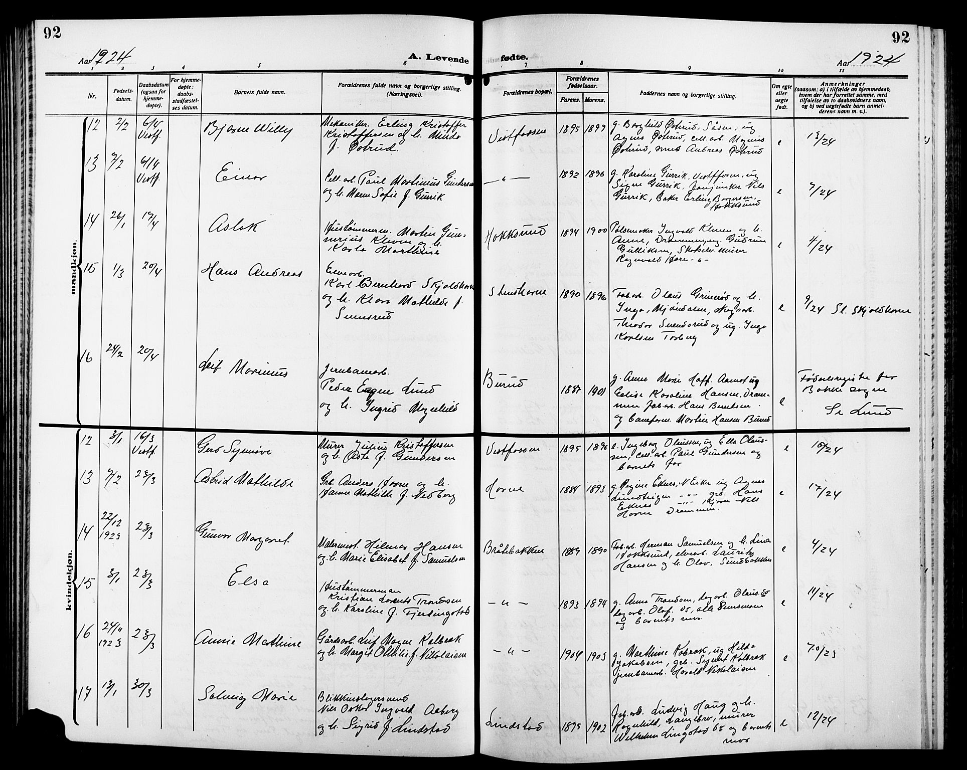 Eiker kirkebøker, AV/SAKO-A-4/G/Ga/L0009: Parish register (copy) no. I 9, 1915-1924, p. 92