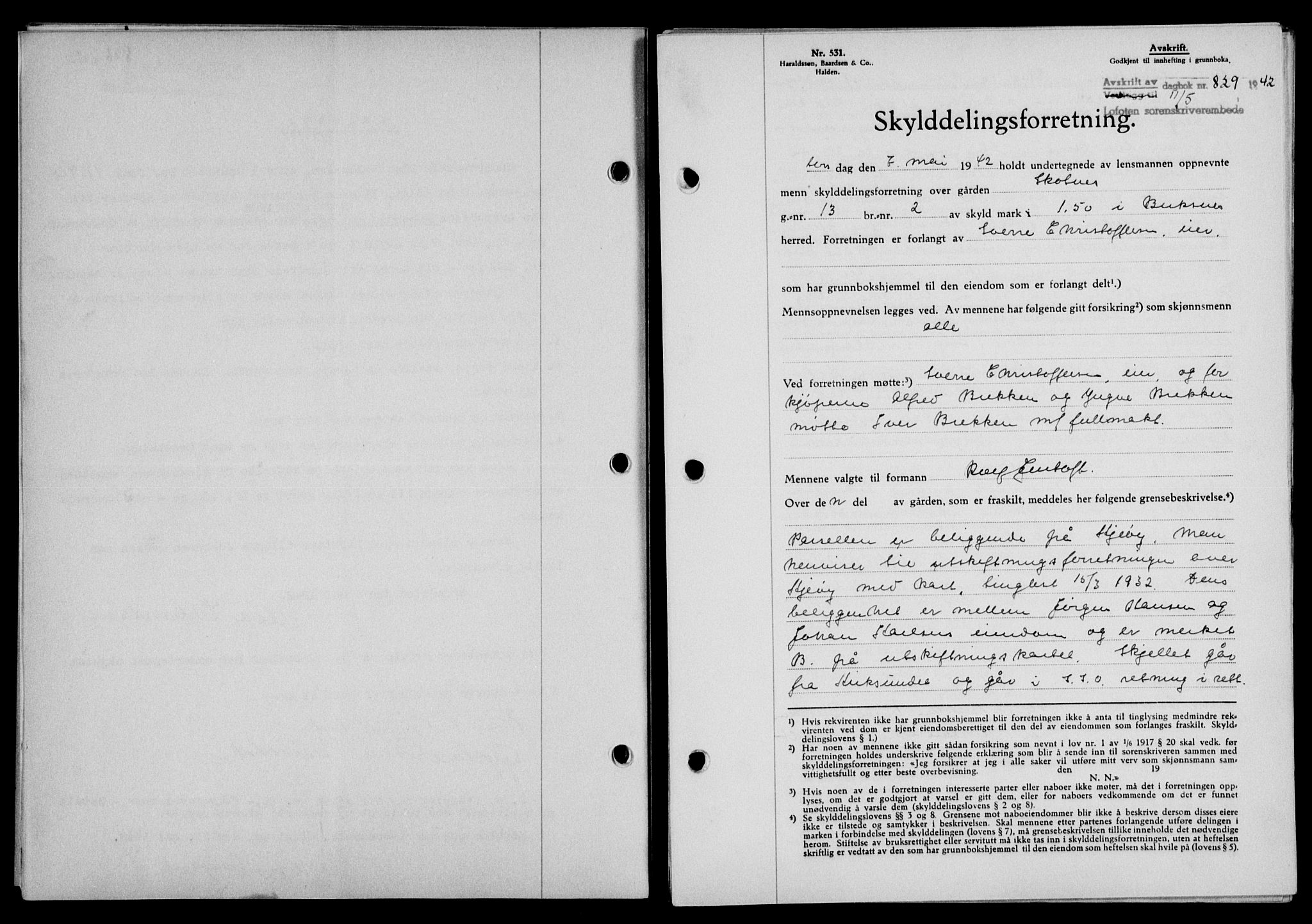 Lofoten sorenskriveri, SAT/A-0017/1/2/2C/L0009a: Mortgage book no. 9a, 1941-1942, Diary no: : 829/1942