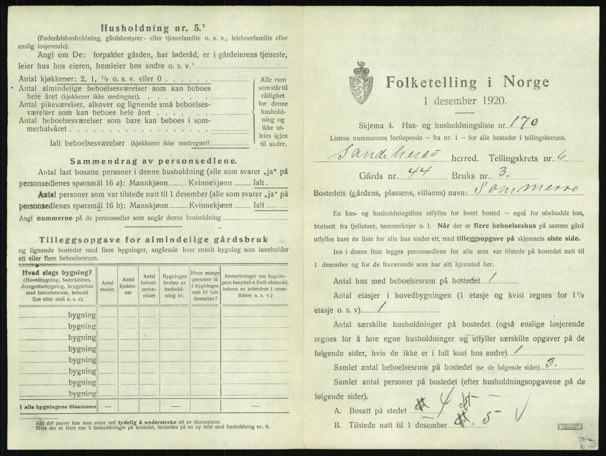 SAKO, 1920 census for Sandeherred, 1920, p. 1452