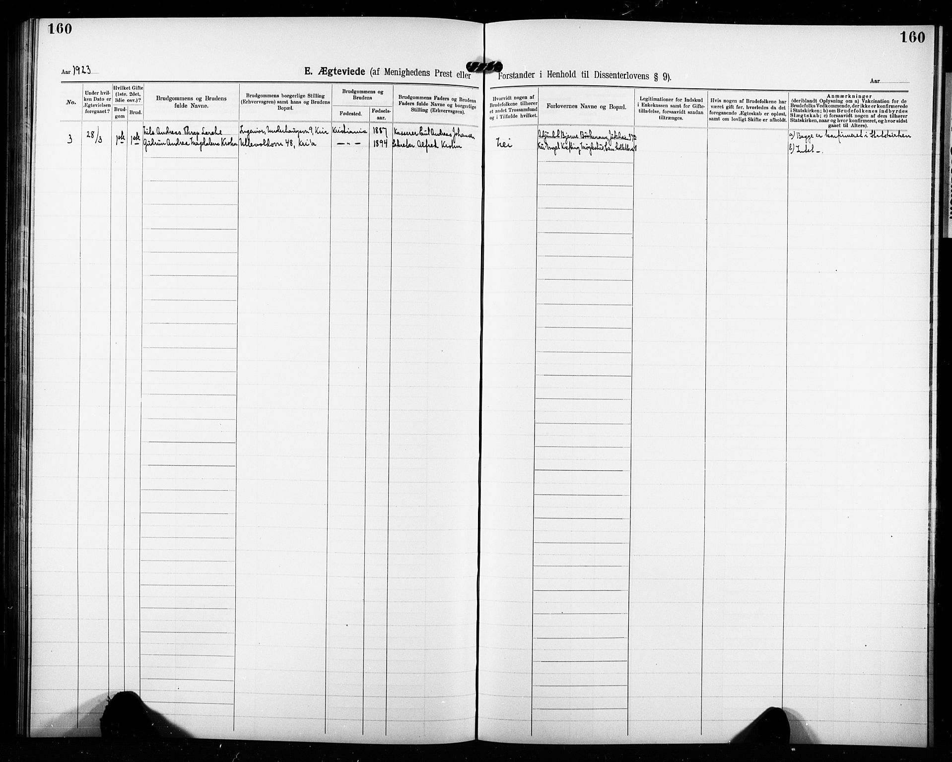 Christian Science Society Oslo , AV/SAO-PAO-0234/A/L0001: Dissenter register no. 1, 1908-1923, p. 160