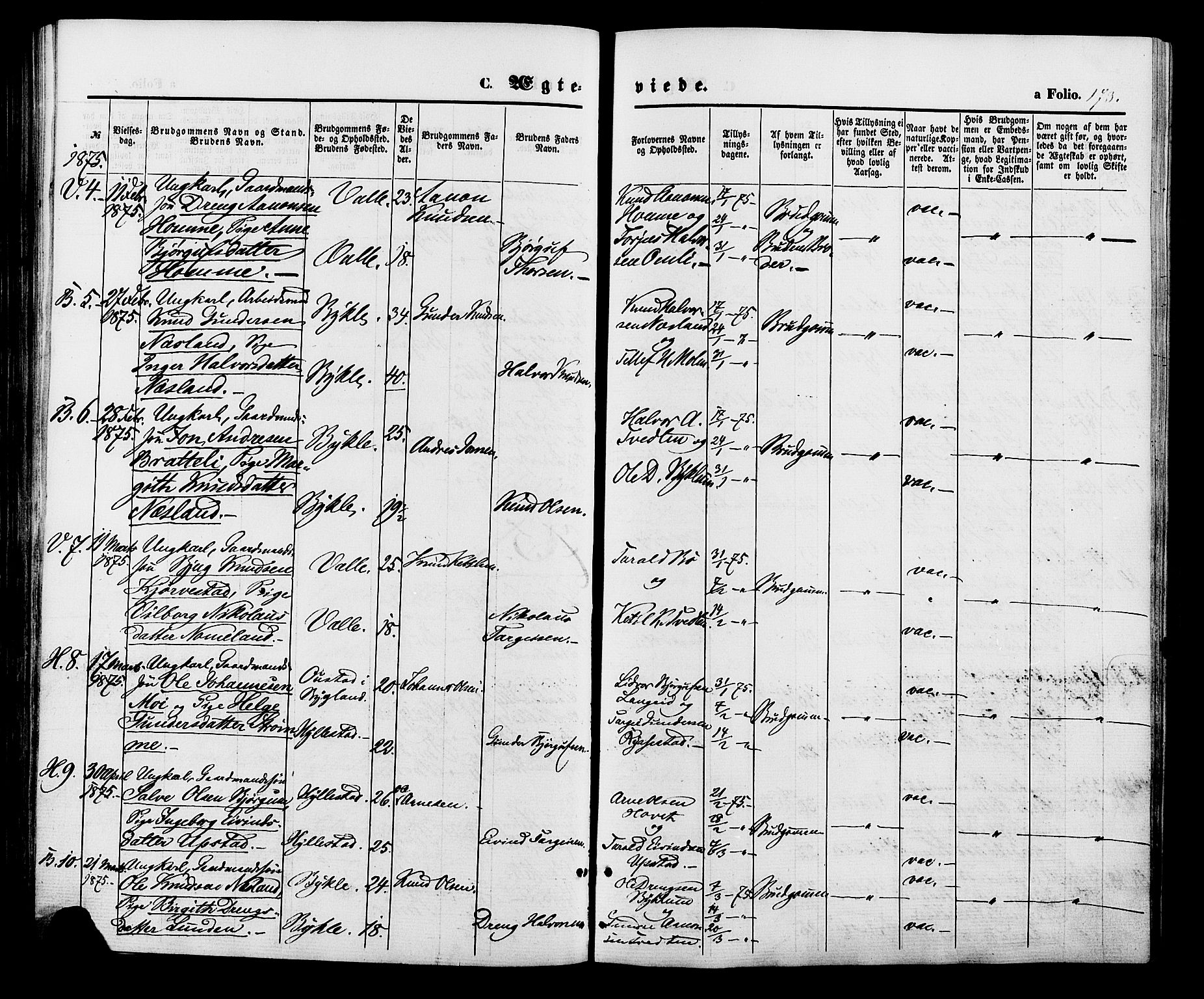 Valle sokneprestkontor, AV/SAK-1111-0044/F/Fa/Fac/L0008: Parish register (official) no. A 8, 1868-1882, p. 173