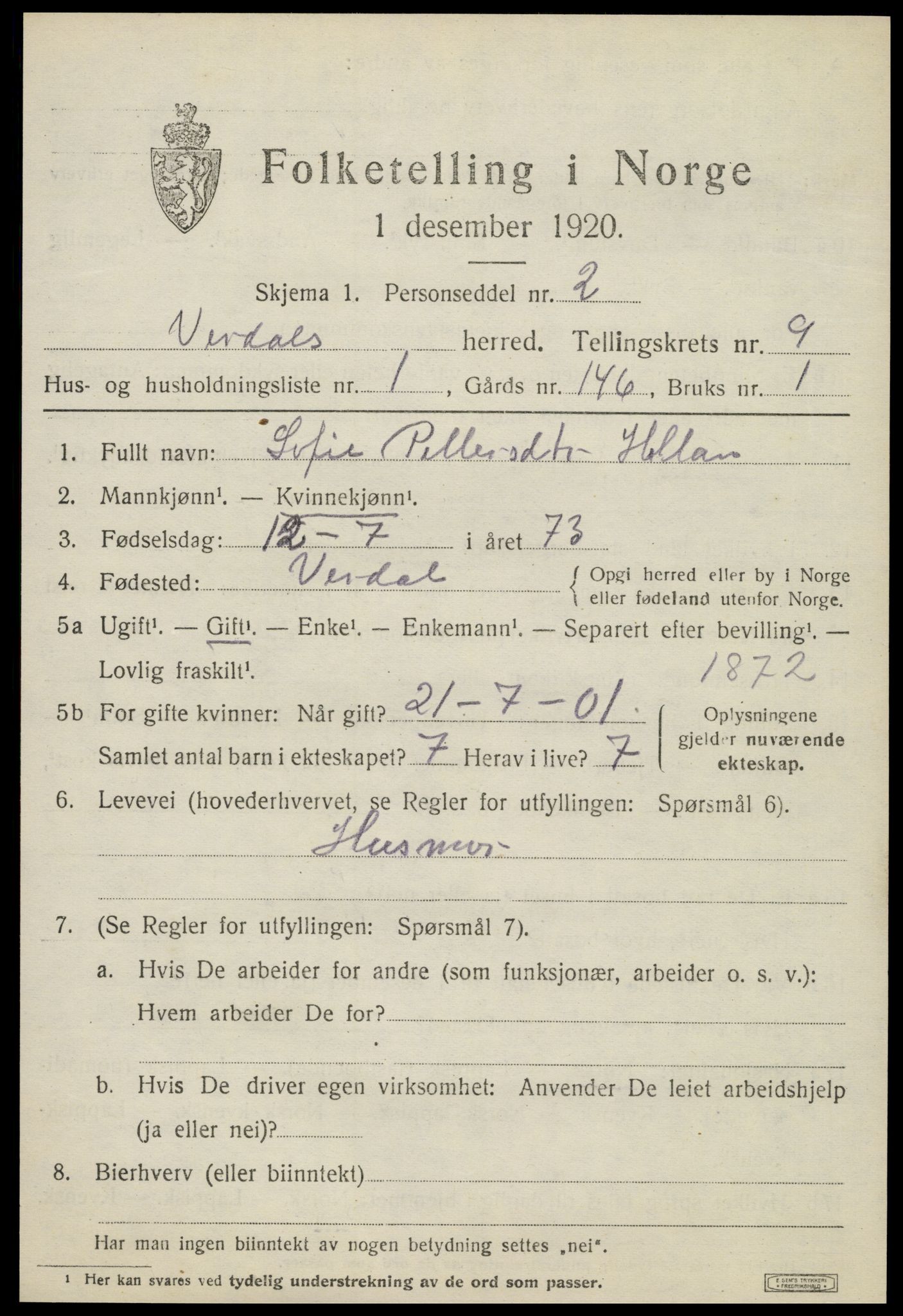 SAT, 1920 census for Verdal, 1920, p. 11357