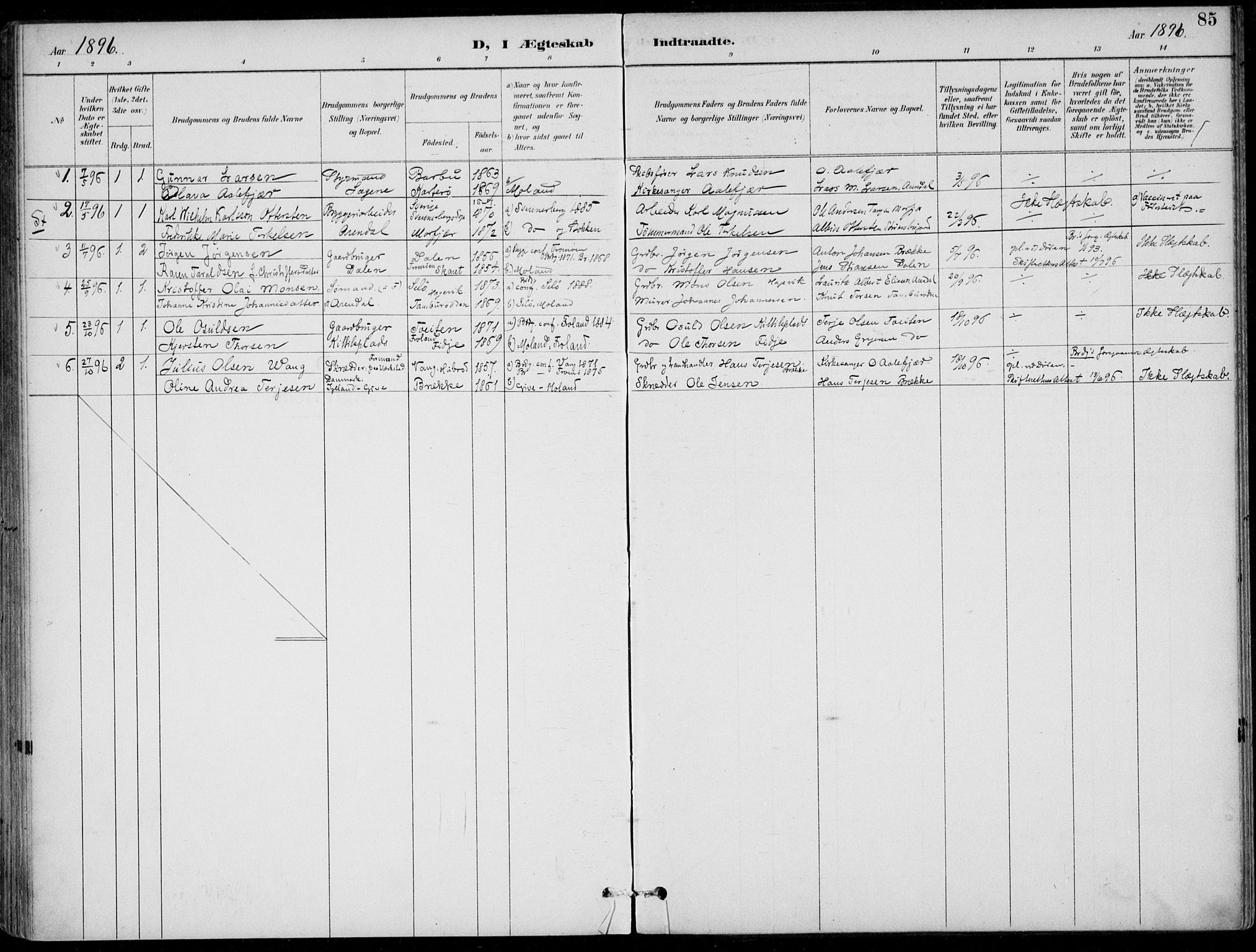 Austre Moland sokneprestkontor, AV/SAK-1111-0001/F/Fa/Faa/L0011: Parish register (official) no. A 11, 1894-1915, p. 85