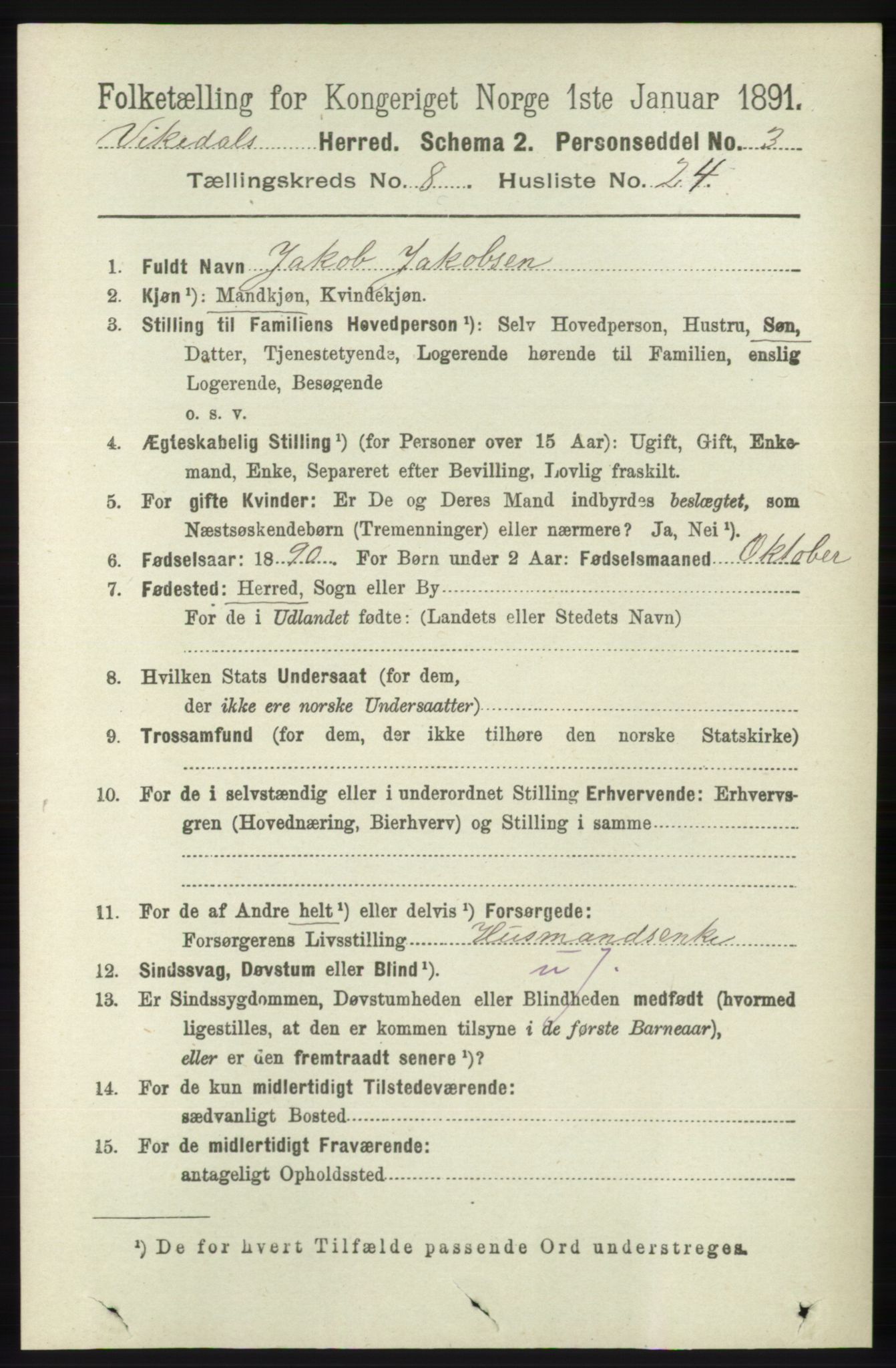 RA, 1891 census for 1157 Vikedal, 1891, p. 2336