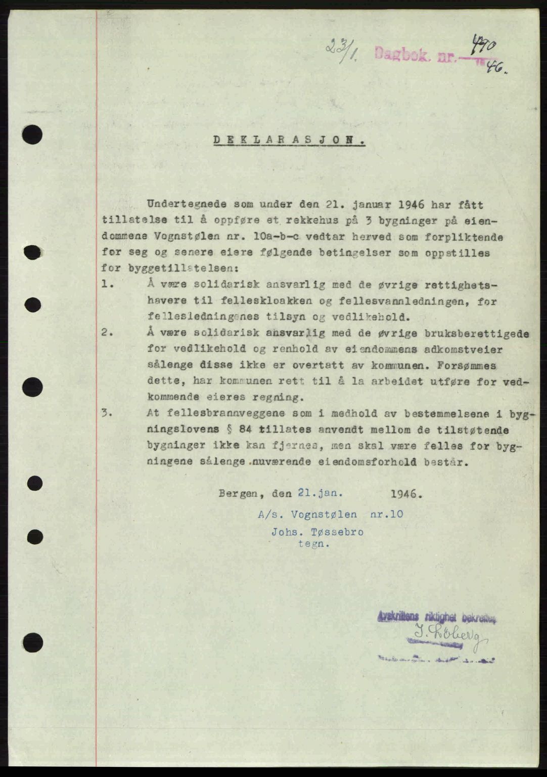 Byfogd og Byskriver i Bergen, SAB/A-3401/03/03Bc/L0022: Mortgage book no. A18, 1946-1946, Diary no: : 490/1946