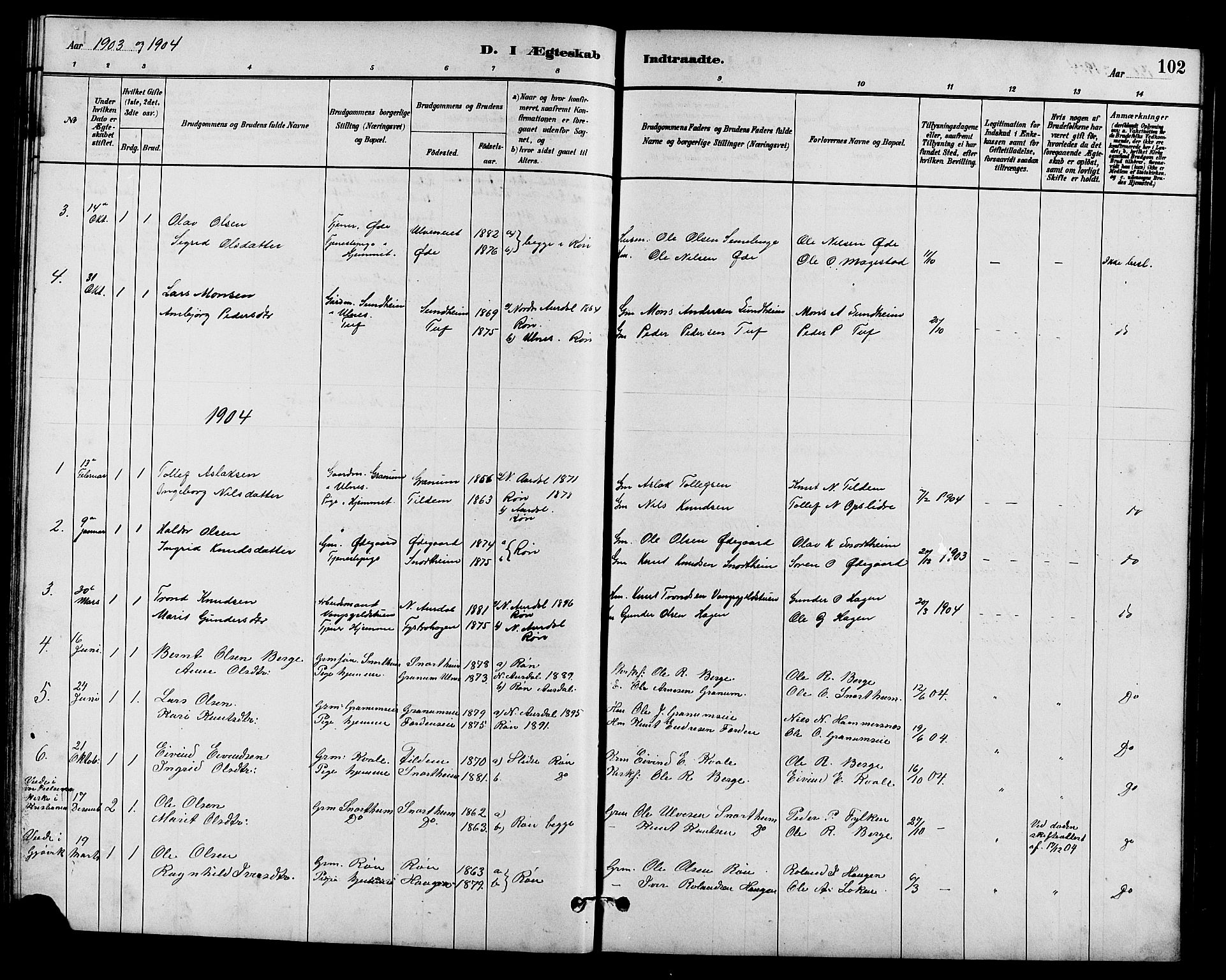 Vestre Slidre prestekontor, SAH/PREST-136/H/Ha/Hab/L0005: Parish register (copy) no. 5, 1881-1913, p. 102