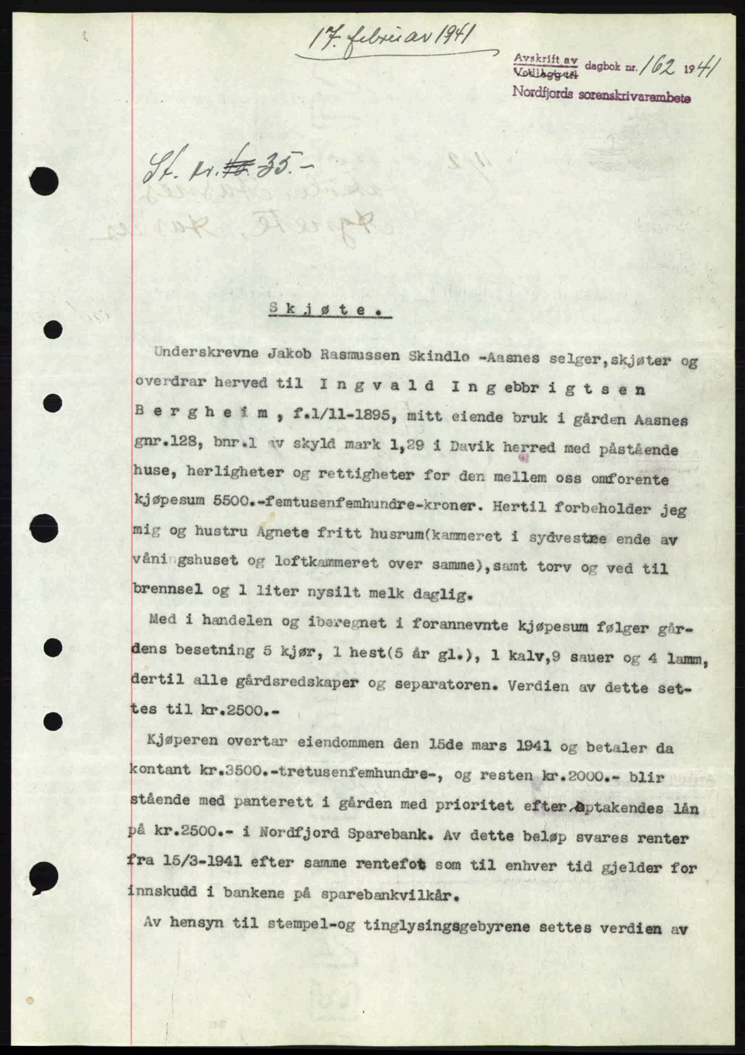 Nordfjord sorenskriveri, AV/SAB-A-2801/02/02b/02bj/L0006: Mortgage book no. A6, 1940-1941, Diary no: : 162/1941