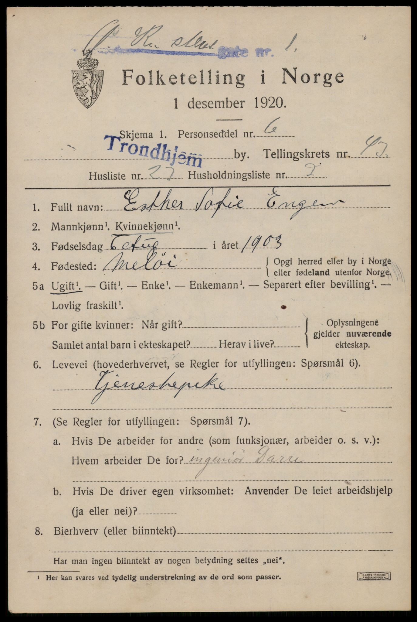SAT, 1920 census for Trondheim, 1920, p. 94260