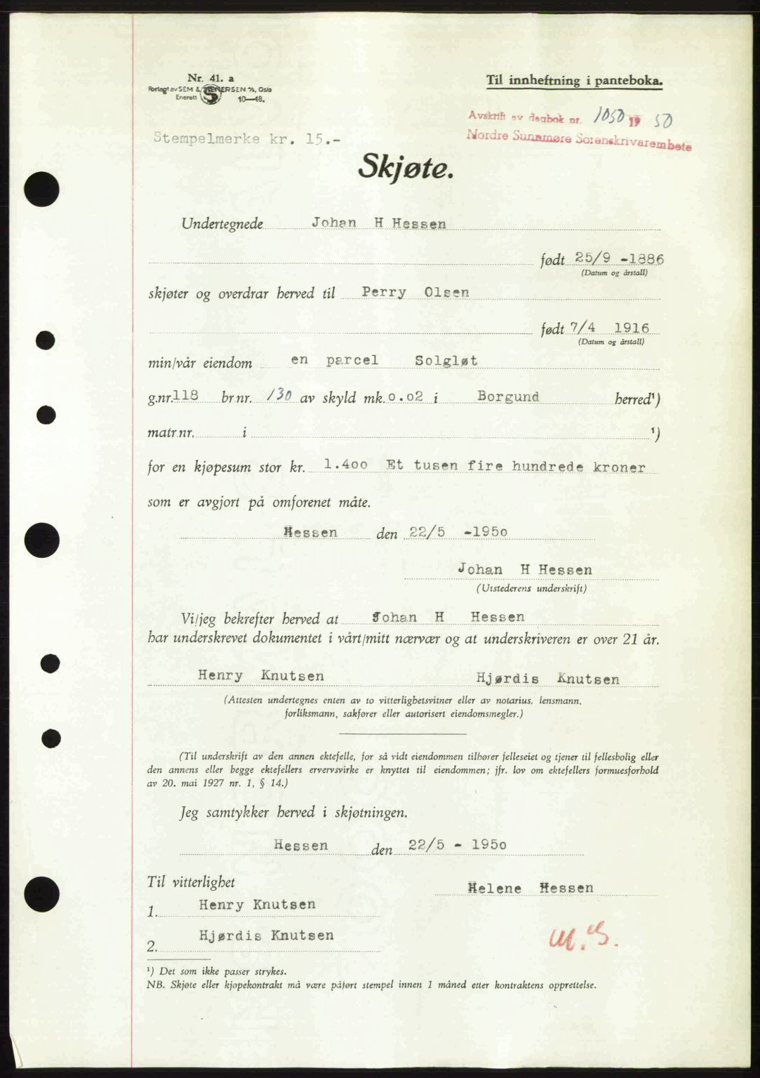 Nordre Sunnmøre sorenskriveri, AV/SAT-A-0006/1/2/2C/2Ca: Mortgage book no. A34, 1950-1950, Diary no: : 1050/1950