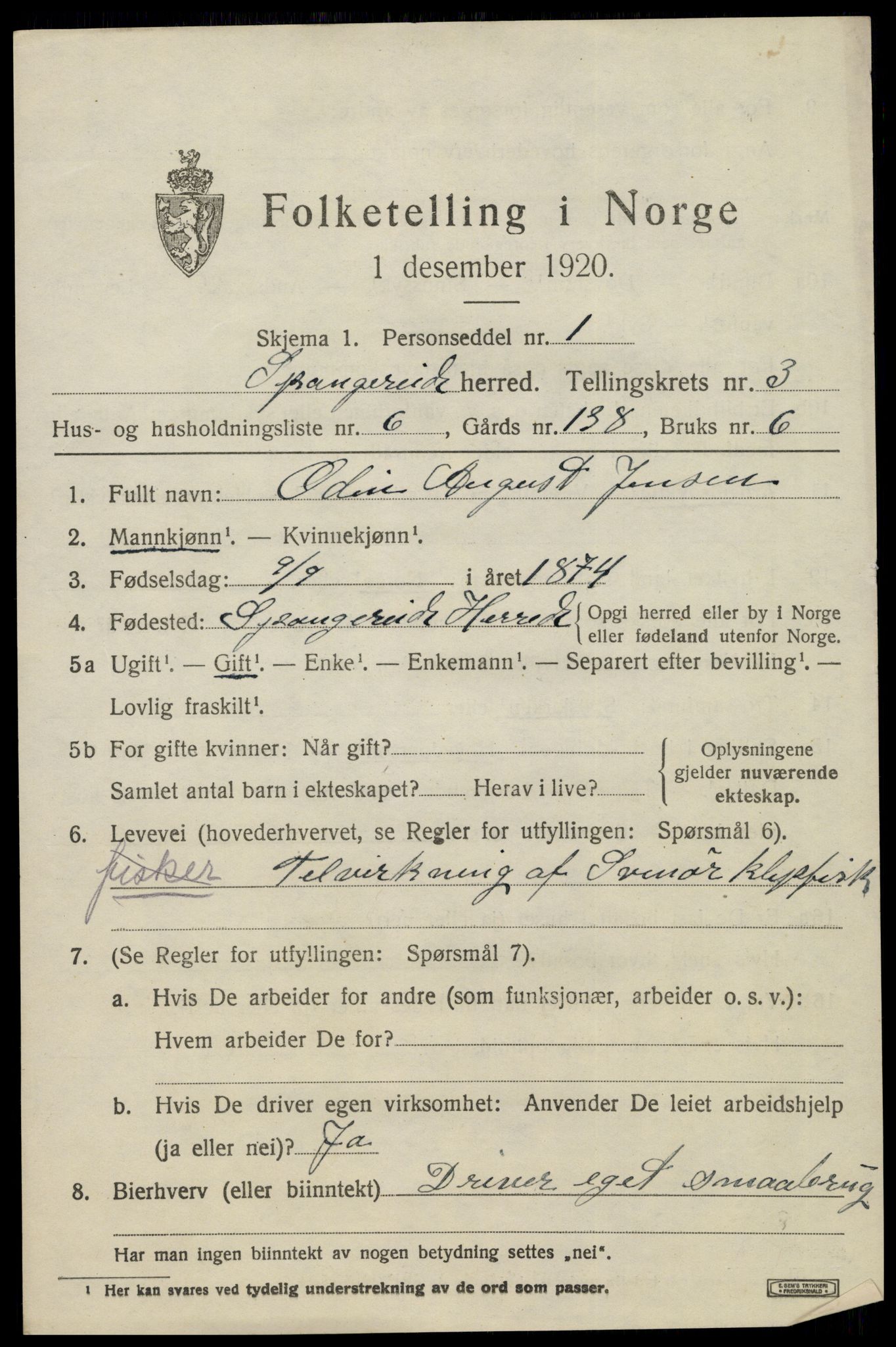 SAK, 1920 census for Spangereid, 1920, p. 1493