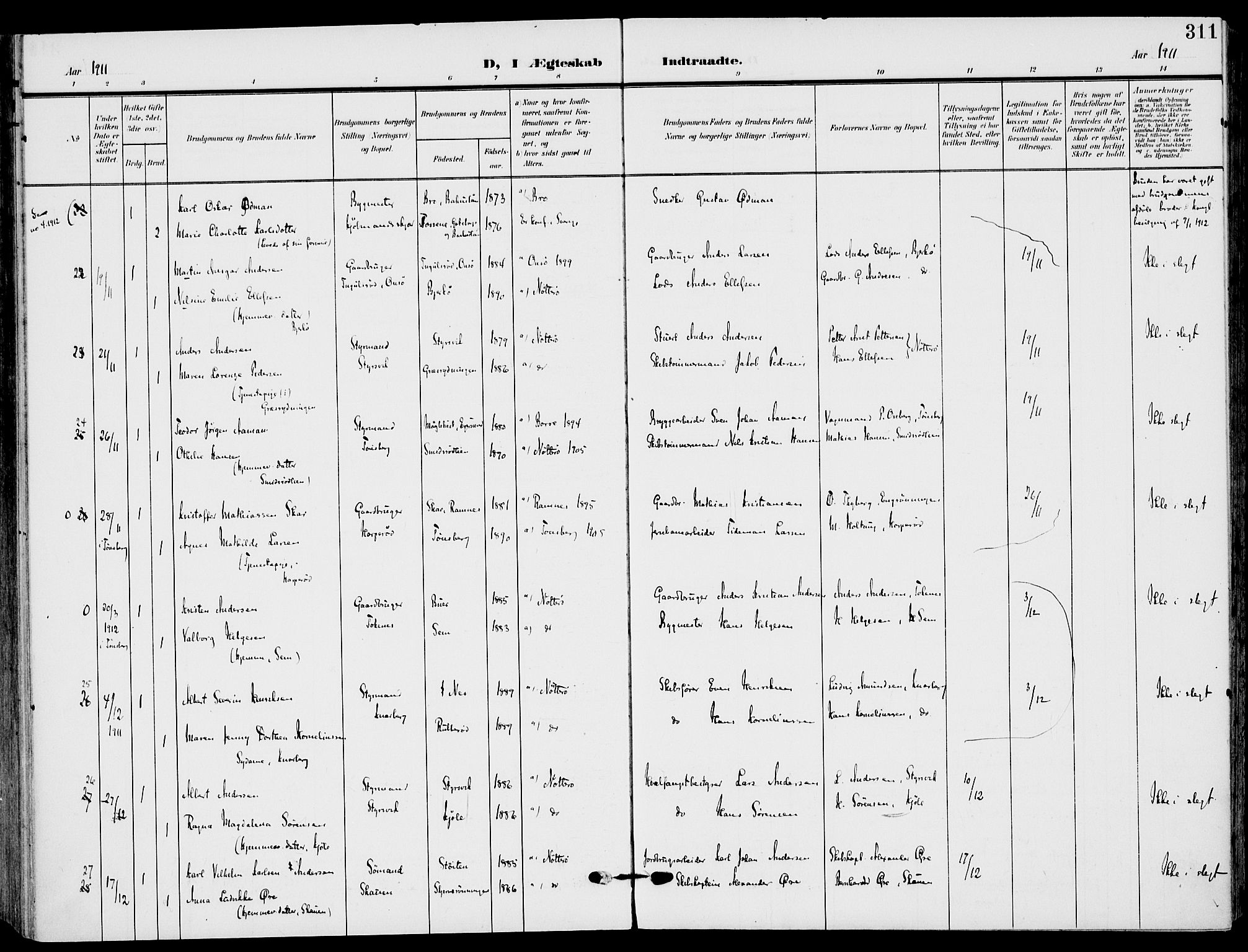 Nøtterøy kirkebøker, AV/SAKO-A-354/F/Fa/L0010: Parish register (official) no. I 10, 1908-1919, p. 311