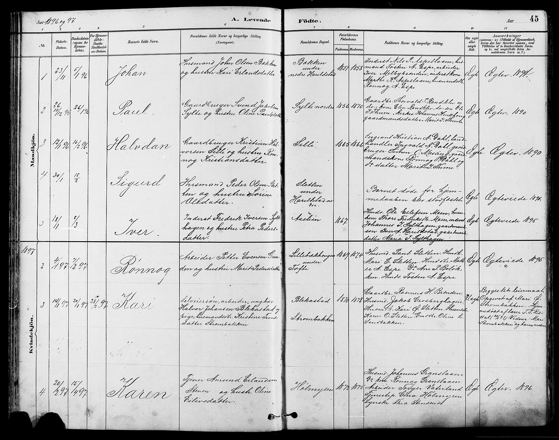 Nord-Fron prestekontor, SAH/PREST-080/H/Ha/Hab/L0005: Parish register (copy) no. 5, 1884-1914, p. 45