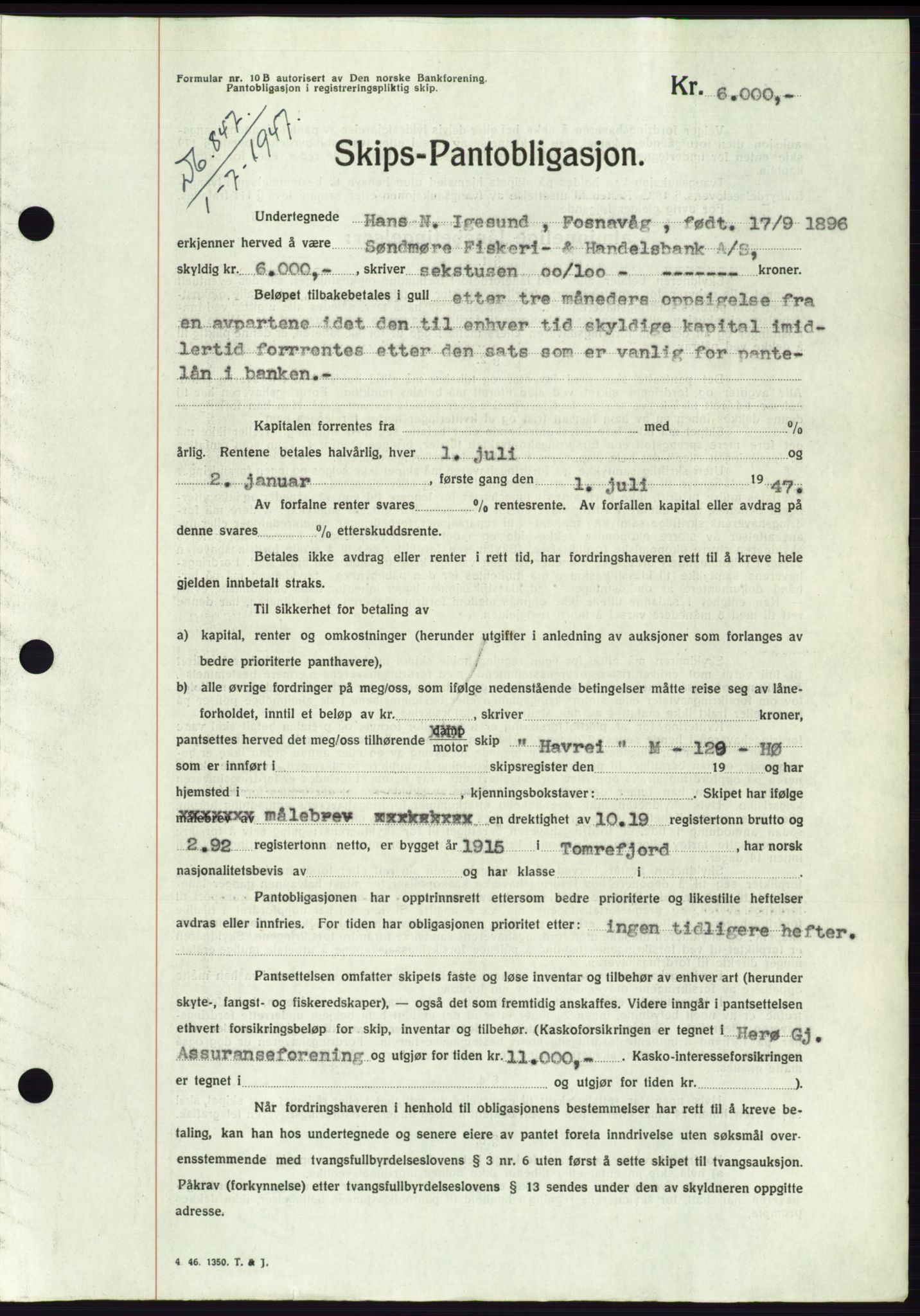 Søre Sunnmøre sorenskriveri, AV/SAT-A-4122/1/2/2C/L0115: Mortgage book no. 3B, 1947-1948, Diary no: : 847/1947