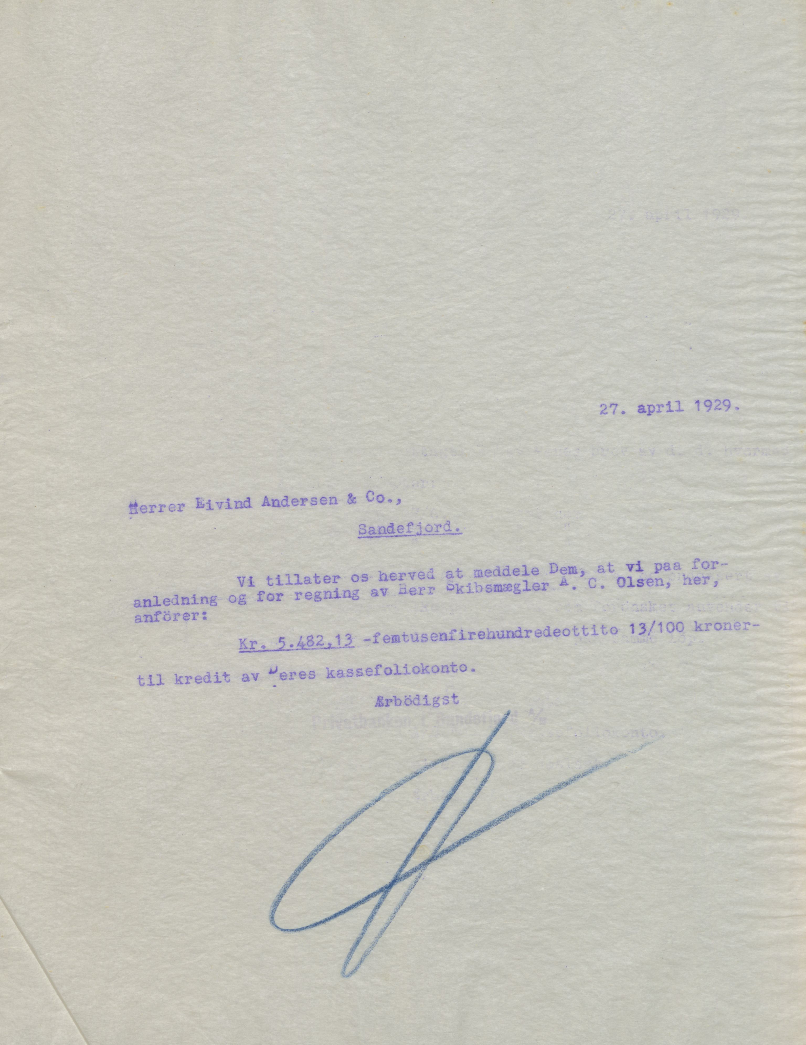 Privatbanken i Sandefjord AS, VEMU/ARS-A-1256/B/Ba/L0002: Kopibok, 1929