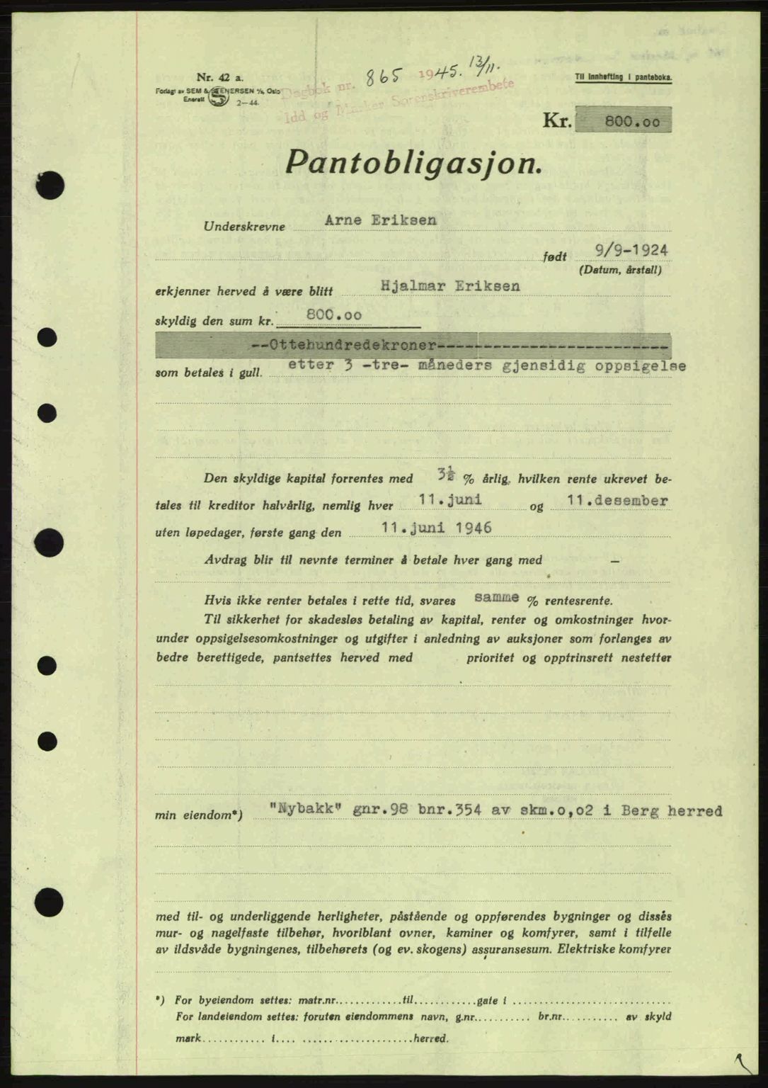 Idd og Marker sorenskriveri, AV/SAO-A-10283/G/Gb/Gbc/L0002: Mortgage book no. B4-9a, 1939-1945, Diary no: : 865/1945