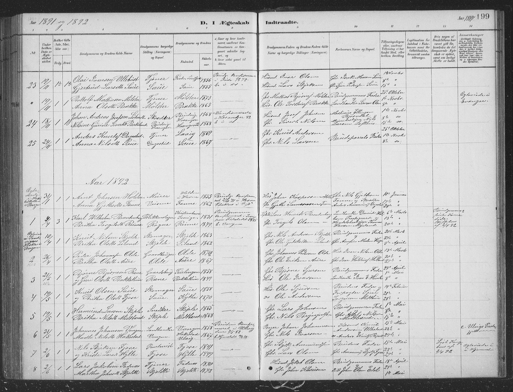 Voss sokneprestembete, SAB/A-79001/H/Hab: Parish register (copy) no. B 3, 1879-1894, p. 199