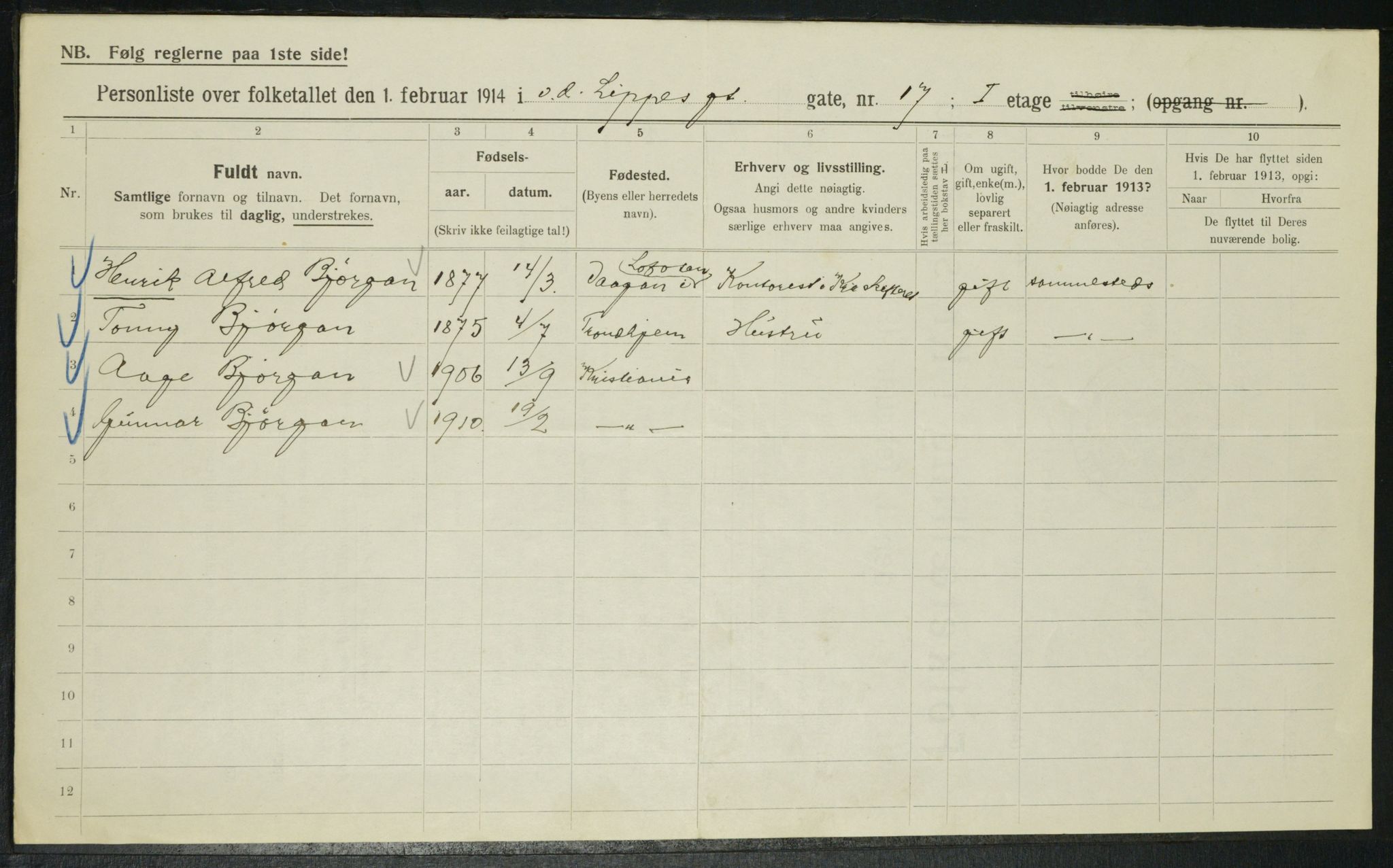 OBA, Municipal Census 1914 for Kristiania, 1914, p. 126458