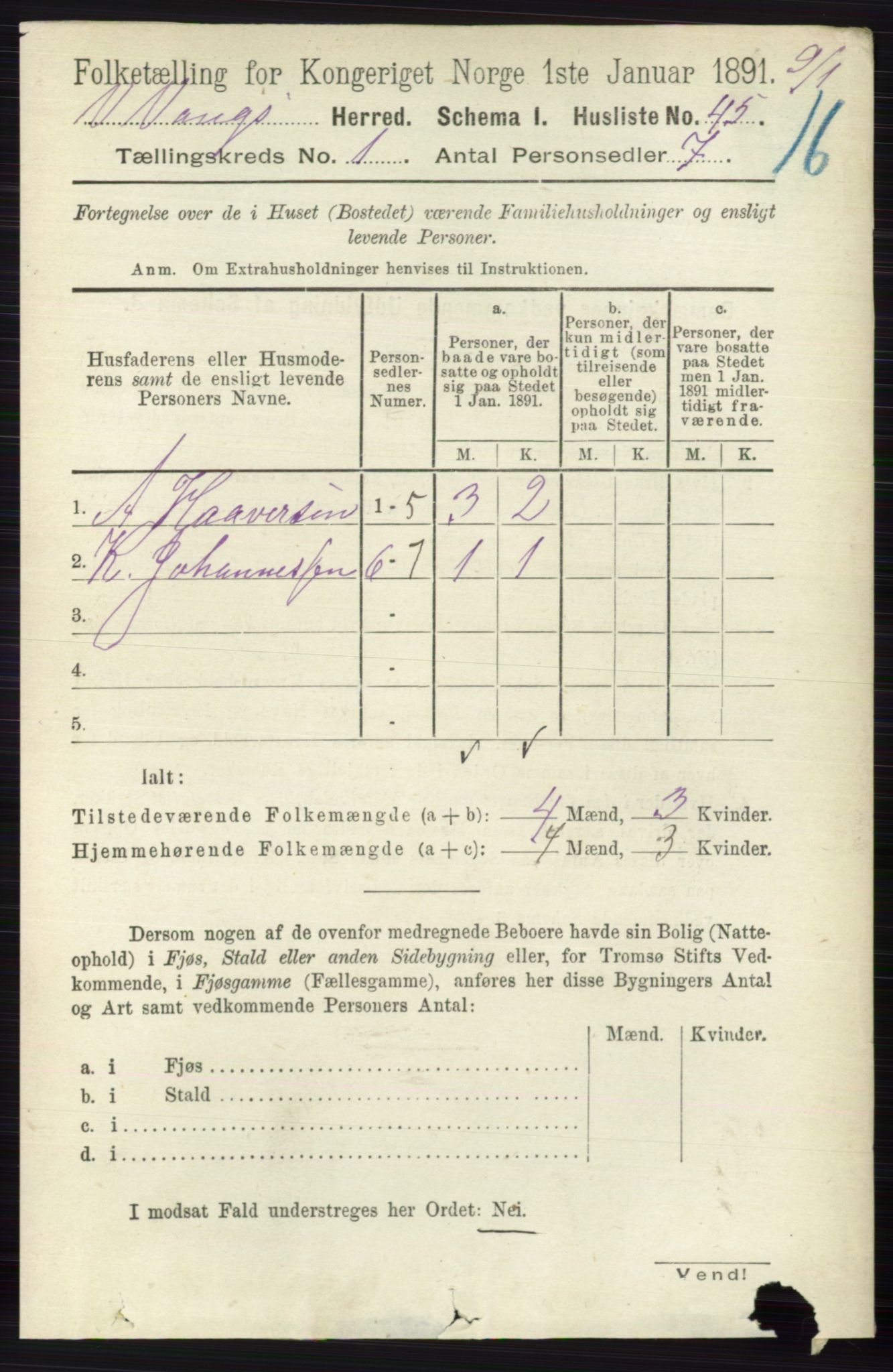 RA, 1891 census for 0545 Vang, 1891, p. 75