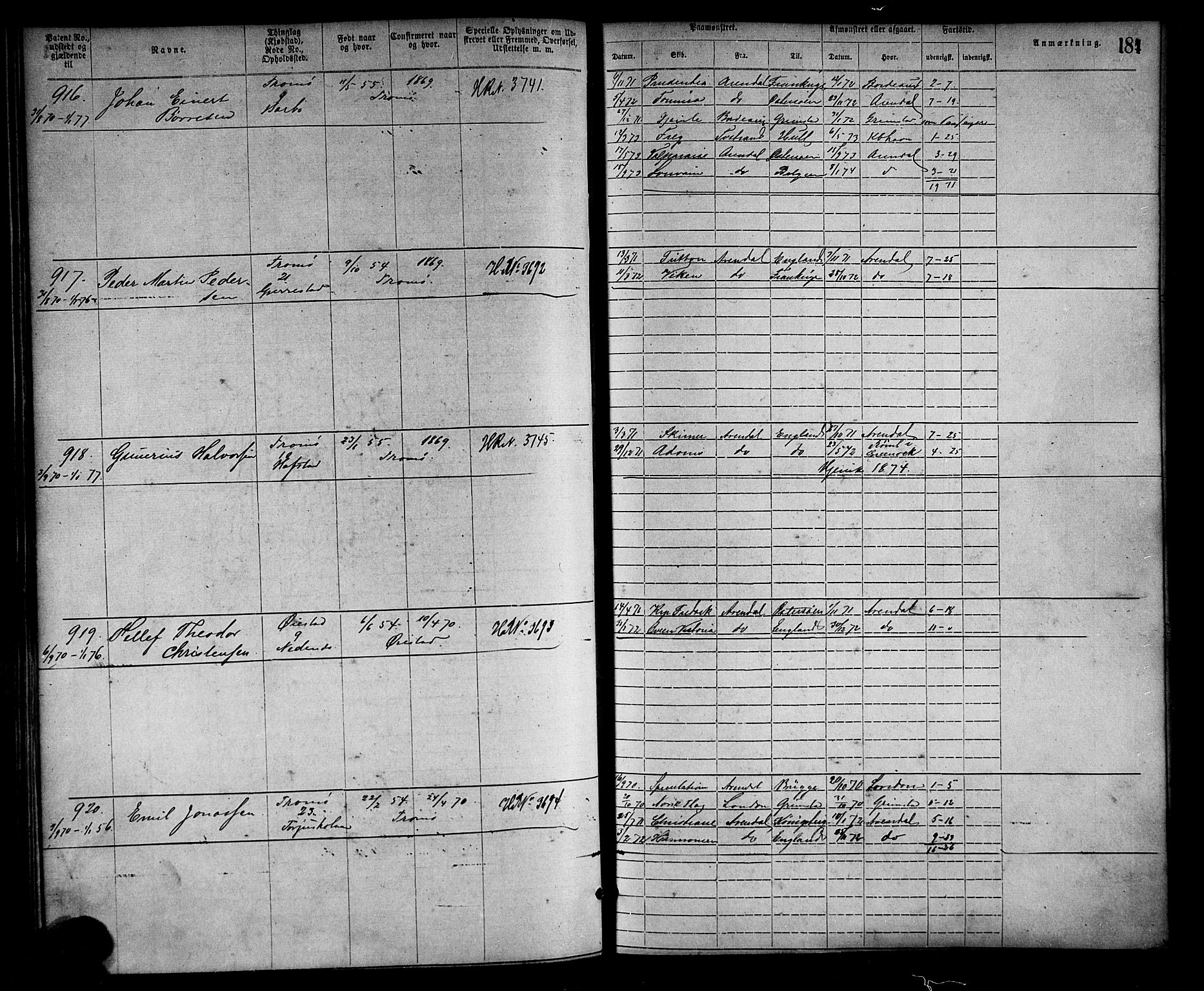 Arendal mønstringskrets, SAK/2031-0012/F/Fa/L0002: Annotasjonsrulle nr 1-1910 med register, S-2, 1868-1880, p. 215