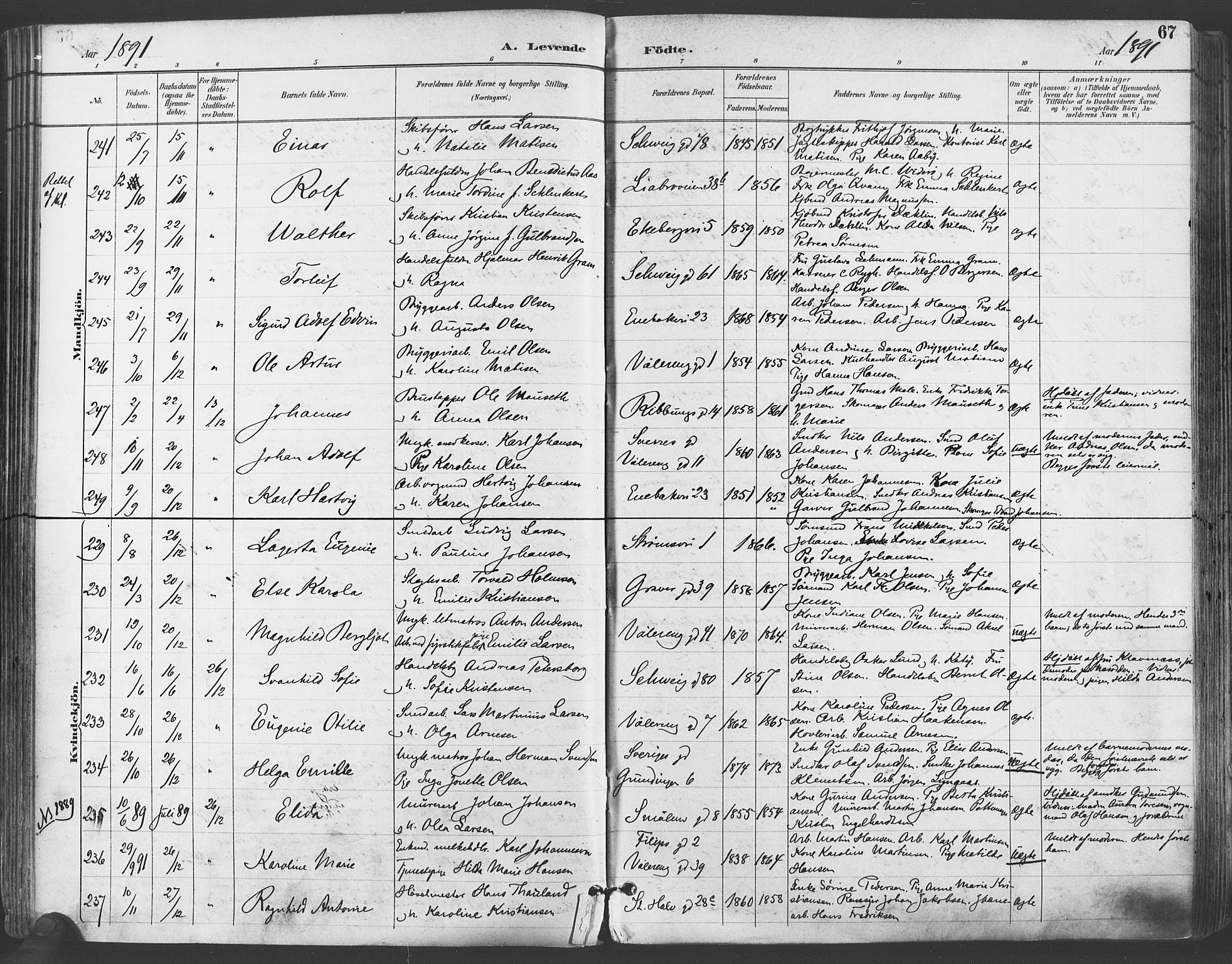 Gamlebyen prestekontor Kirkebøker, SAO/A-10884/F/Fa/L0007: Parish register (official) no. 7, 1889-1899, p. 67