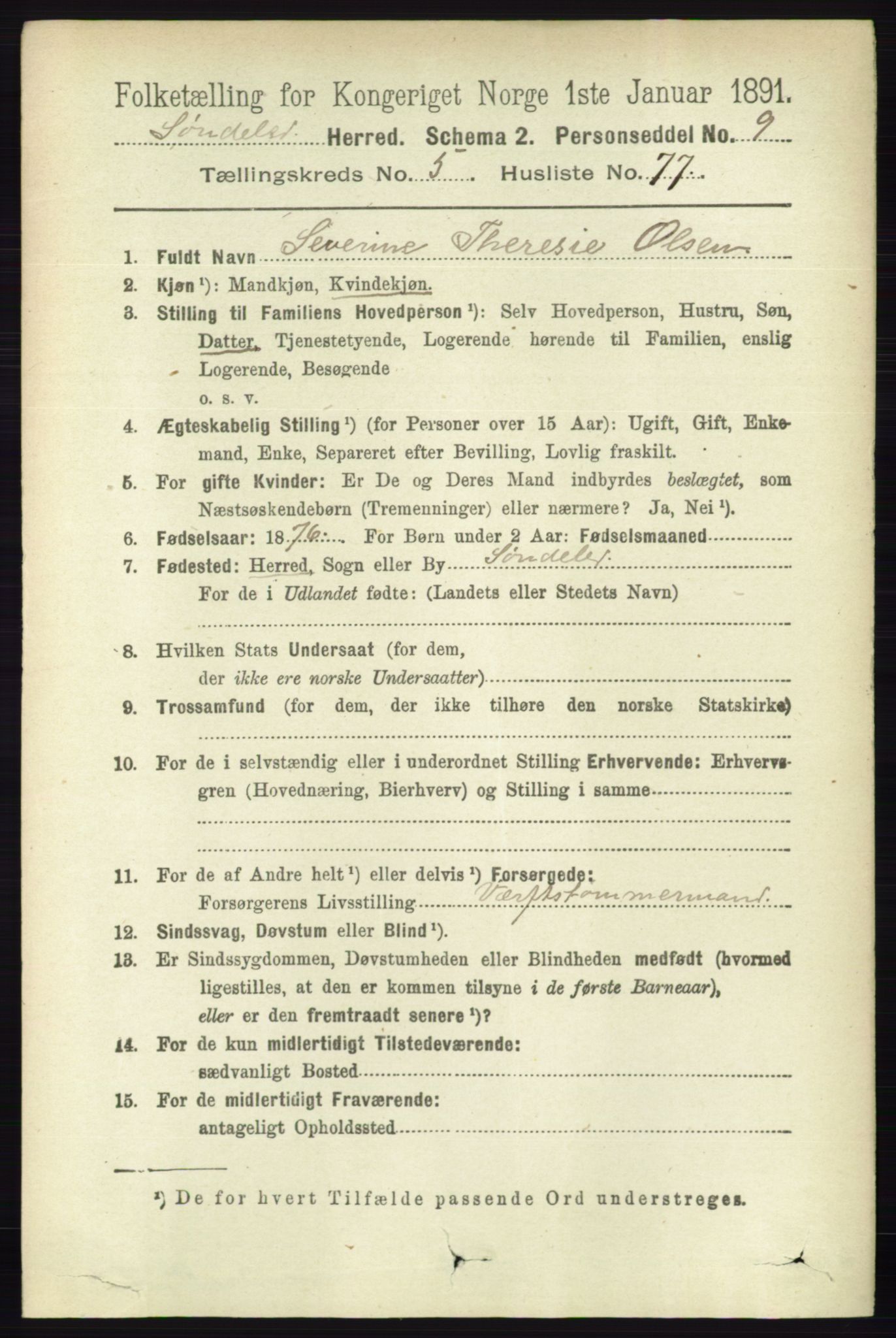 RA, 1891 census for 0913 Søndeled, 1891, p. 1739