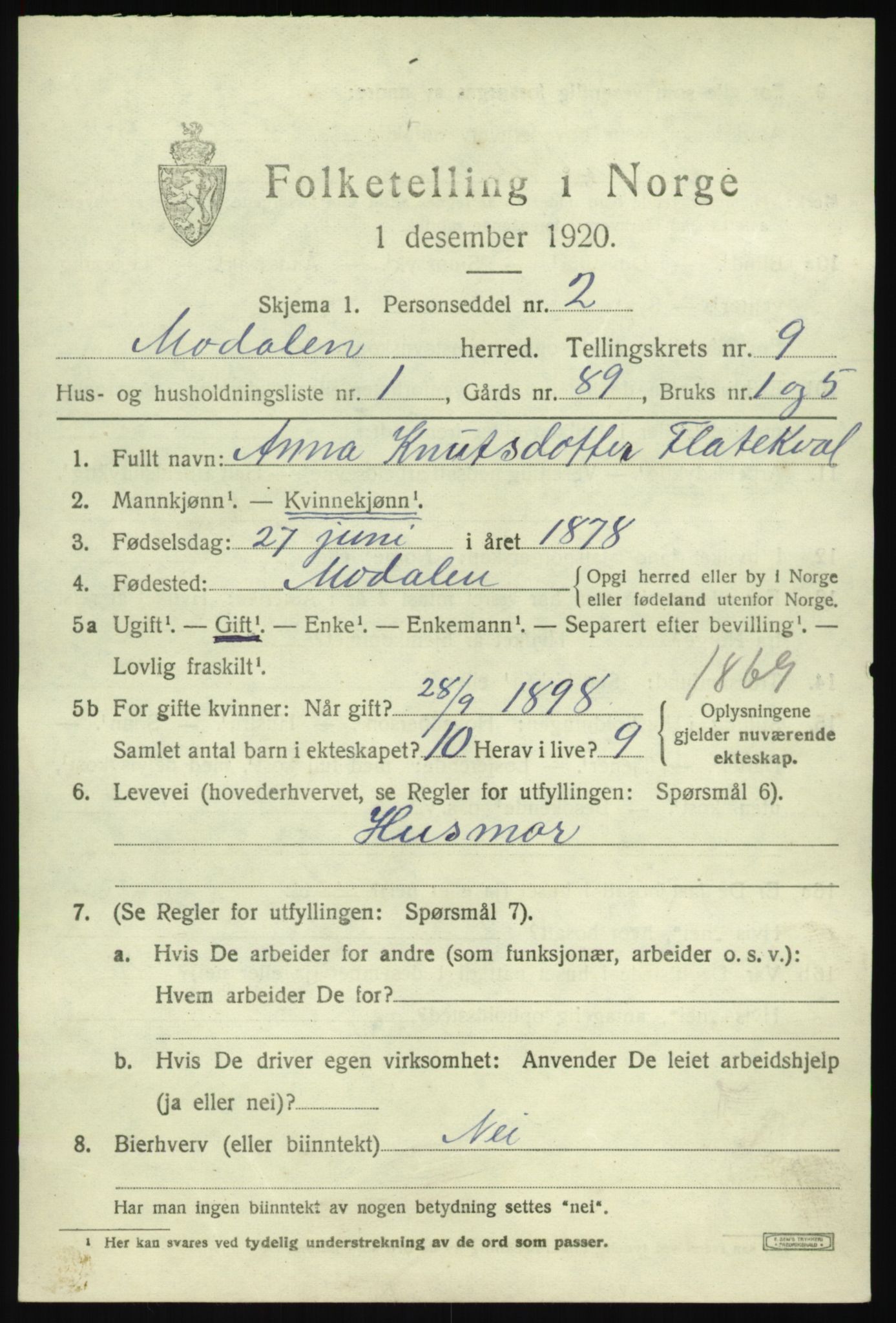 SAB, 1920 census for Modalen, 1920, p. 1600