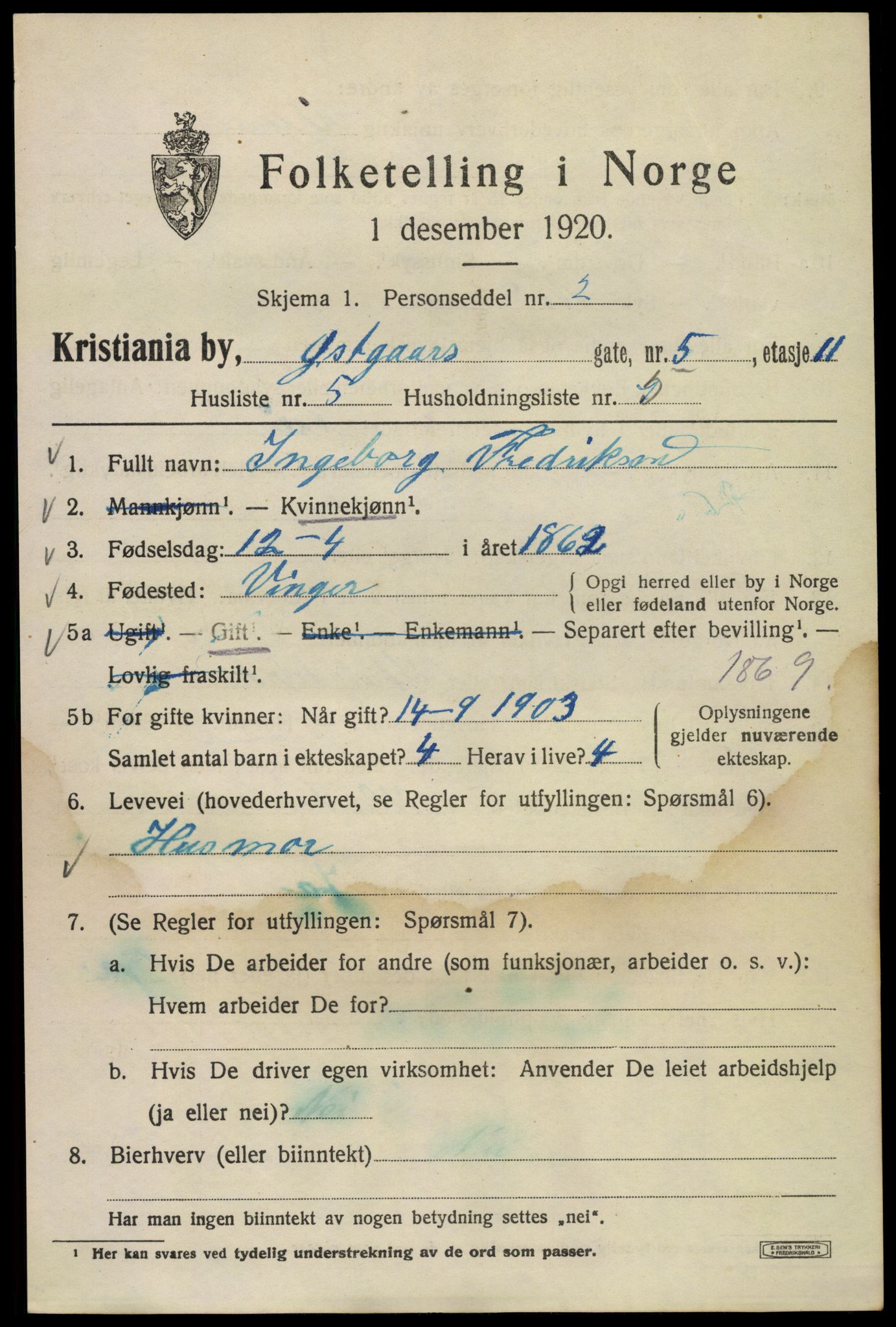 SAO, 1920 census for Kristiania, 1920, p. 656803