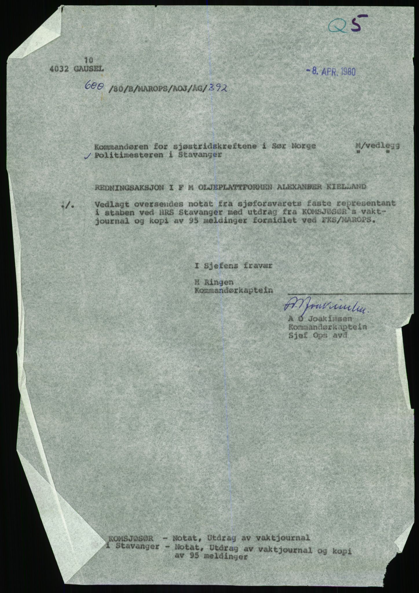 Justisdepartementet, Granskningskommisjonen ved Alexander Kielland-ulykken 27.3.1980, RA/S-1165/D/L0017: P Hjelpefartøy (Doku.liste + P1-P6 av 6)/Q Hovedredningssentralen (Q0-Q27 av 27), 1980-1981, p. 246