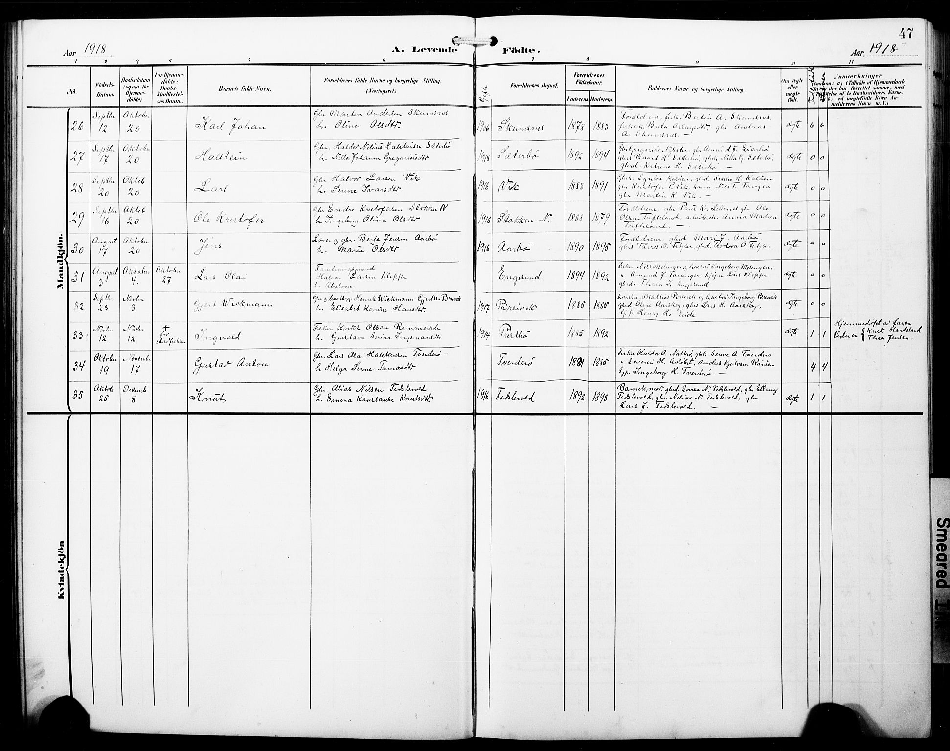 Fitjar sokneprestembete, SAB/A-99926: Parish register (copy) no. B 1, 1906-1928, p. 47