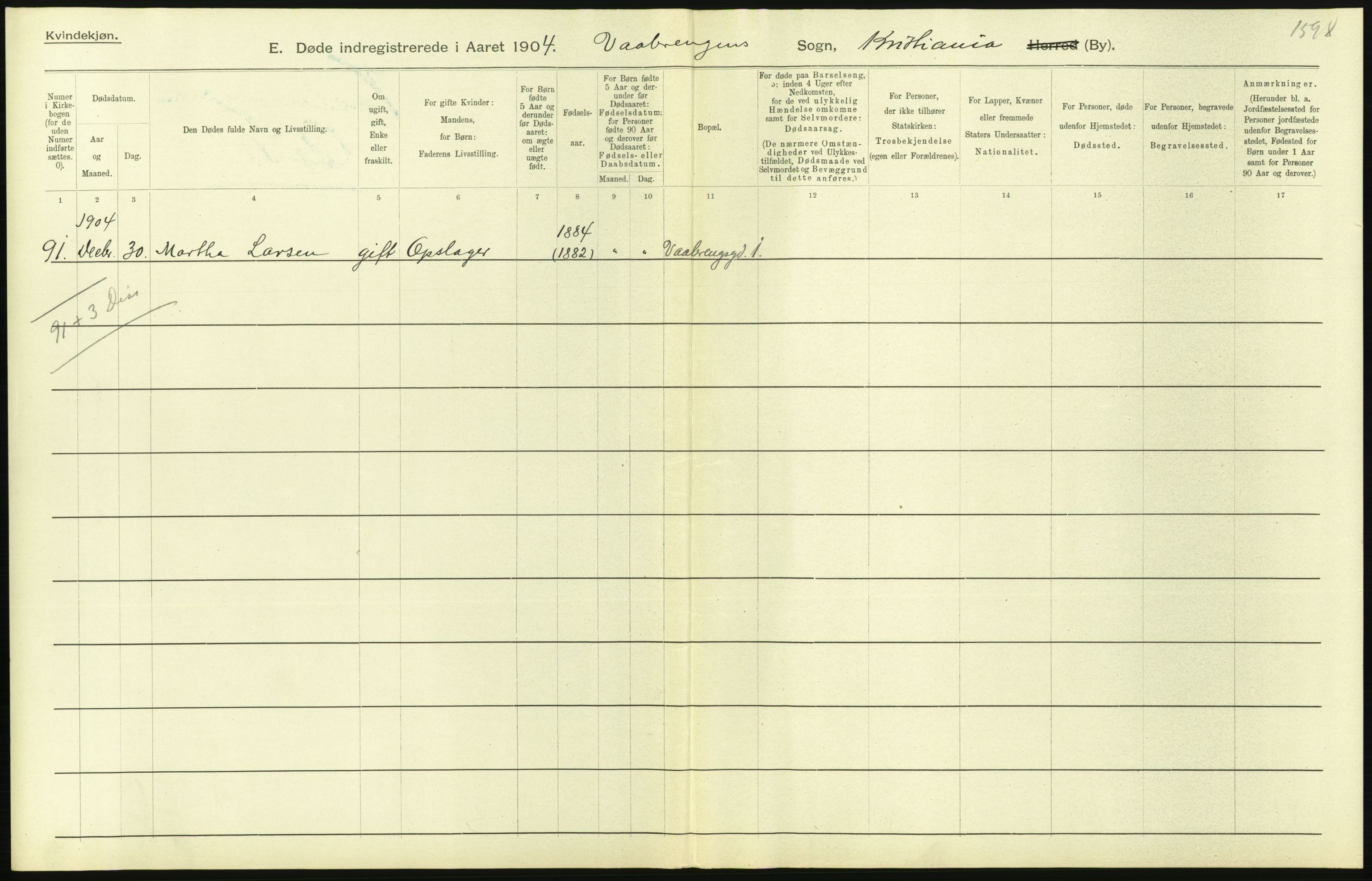 Statistisk sentralbyrå, Sosiodemografiske emner, Befolkning, AV/RA-S-2228/D/Df/Dfa/Dfab/L0004: Kristiania: Gifte, døde, 1904, p. 407