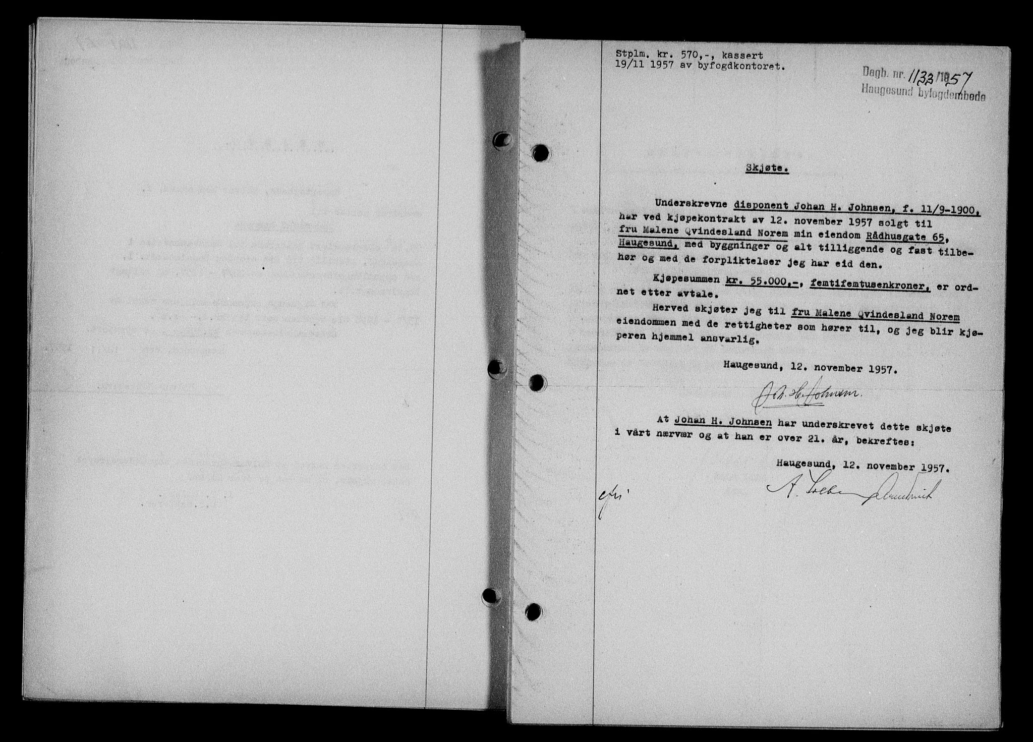 Haugesund tingrett, AV/SAST-A-101415/01/II/IIC/L0068: Mortgage book no. A 9, 1956-1958, Diary no: : 1133/1957