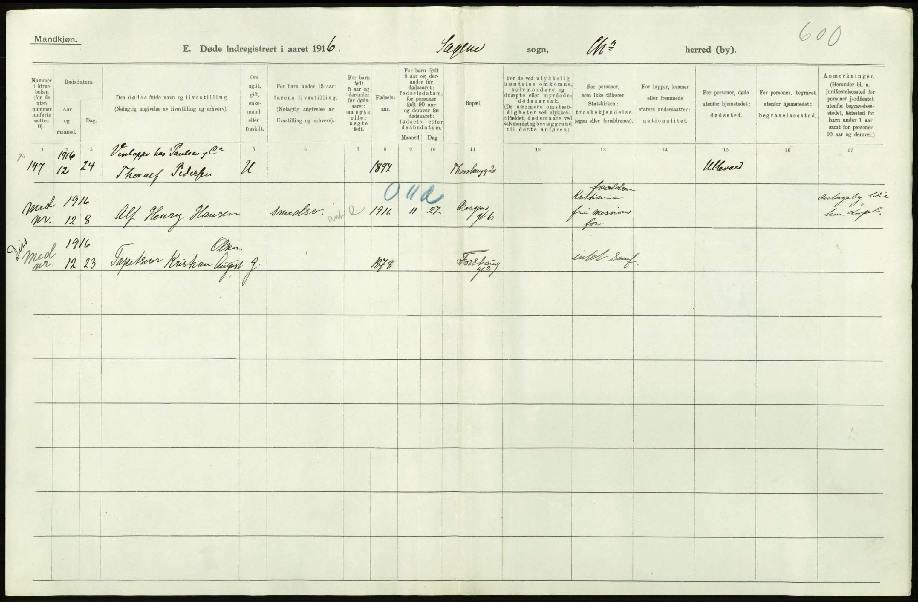 Statistisk sentralbyrå, Sosiodemografiske emner, Befolkning, RA/S-2228/D/Df/Dfb/Dfbf/L0010: Kristiania: Døde, dødfødte., 1916, p. 262