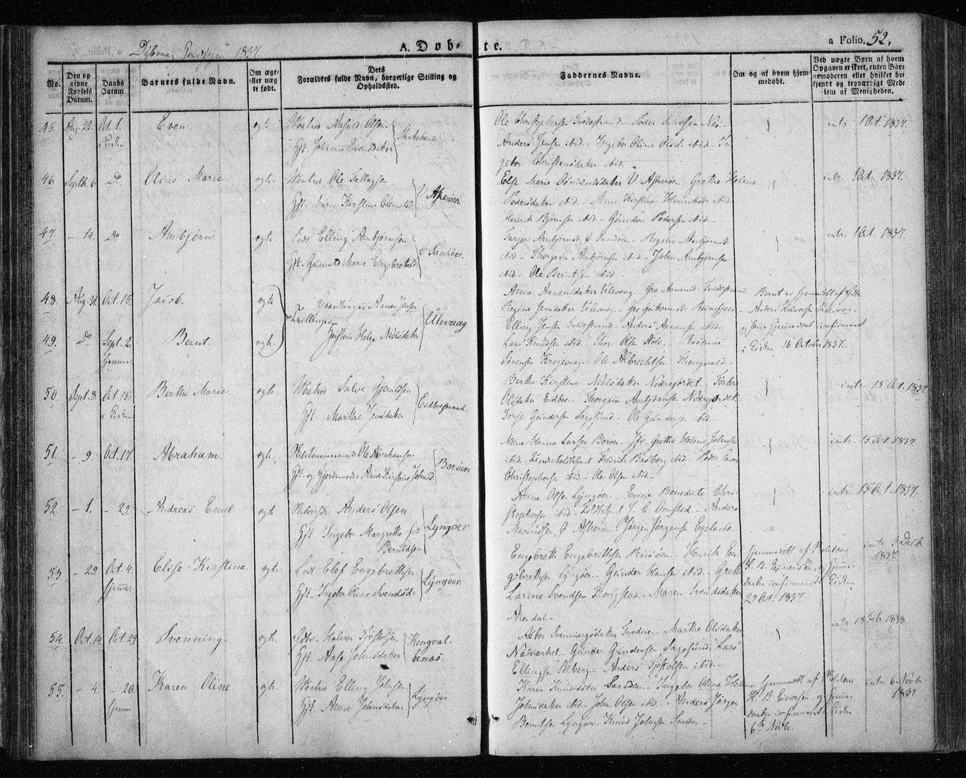 Dypvåg sokneprestkontor, AV/SAK-1111-0007/F/Fa/Faa/L0004: Parish register (official) no. A 4, 1824-1840, p. 52