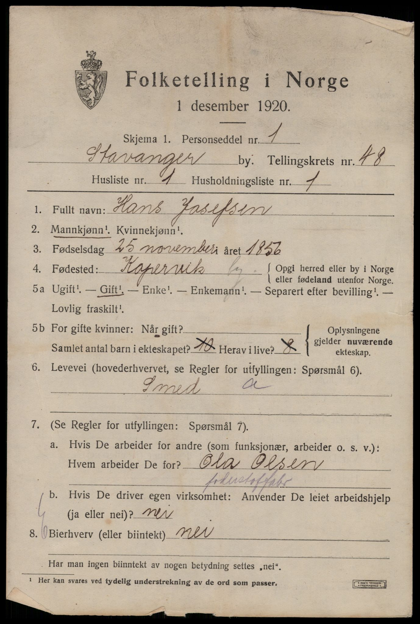 SAST, 1920 census for Stavanger, 1920, p. 115298