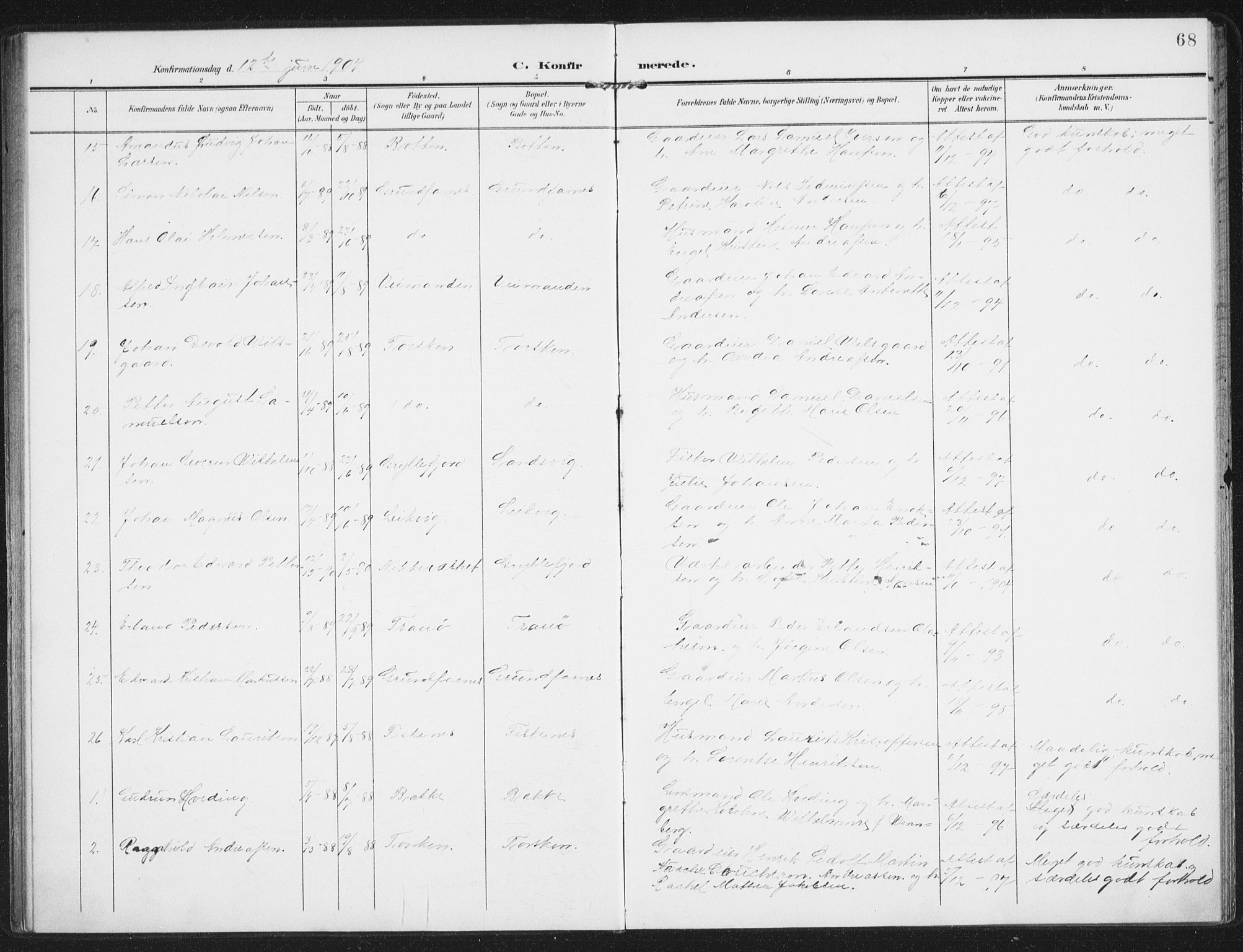 Berg sokneprestkontor, SATØ/S-1318/G/Ga/Gaa/L0008kirke: Parish register (official) no. 8, 1904-1916, p. 68