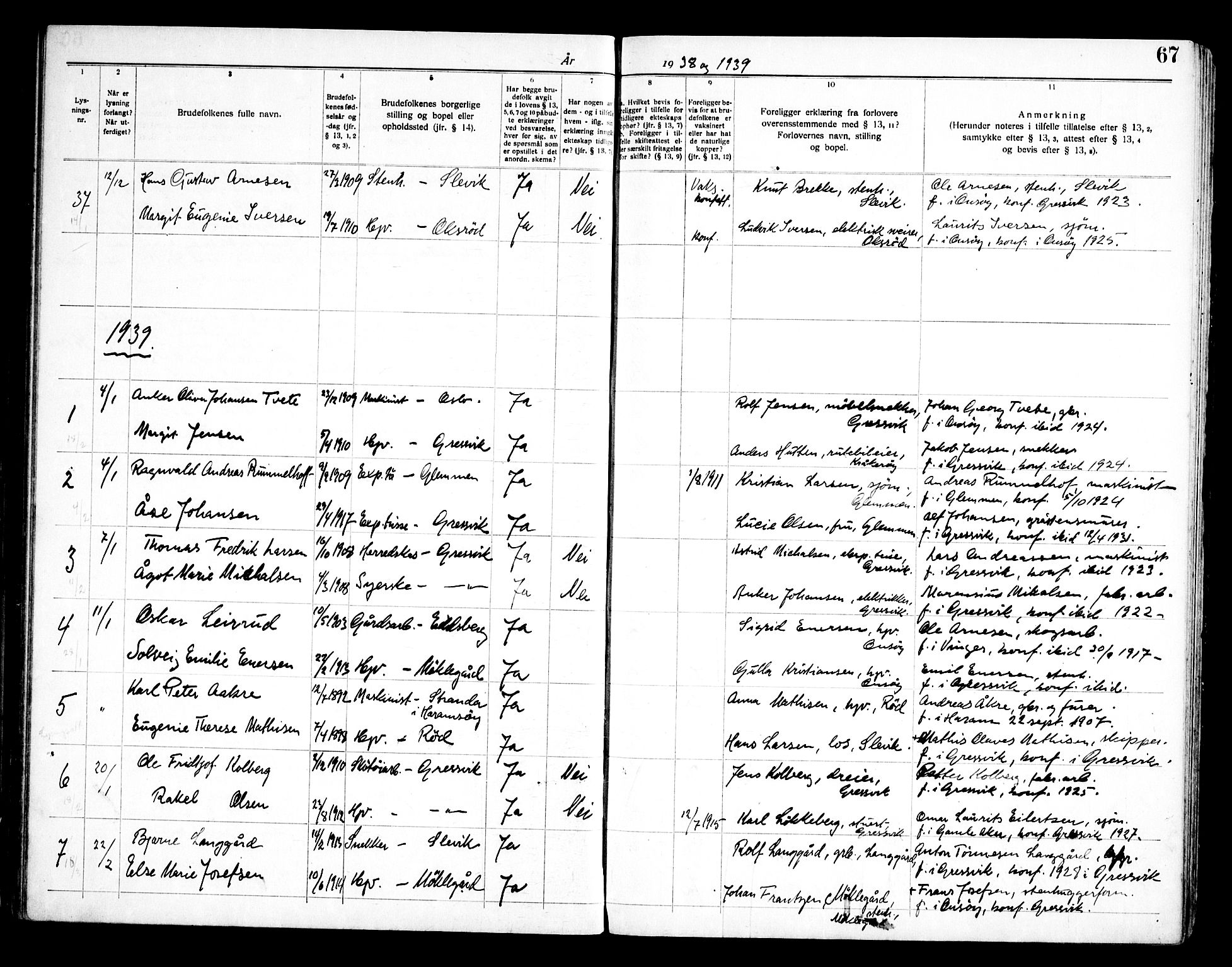 Onsøy prestekontor Kirkebøker, SAO/A-10914/H/Hb/L0001: Banns register no. II 1, 1919-1949, p. 67