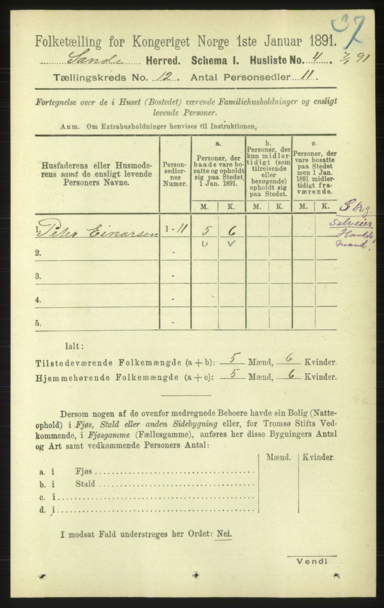 RA, 1891 census for 1514 Sande, 1891, p. 2212