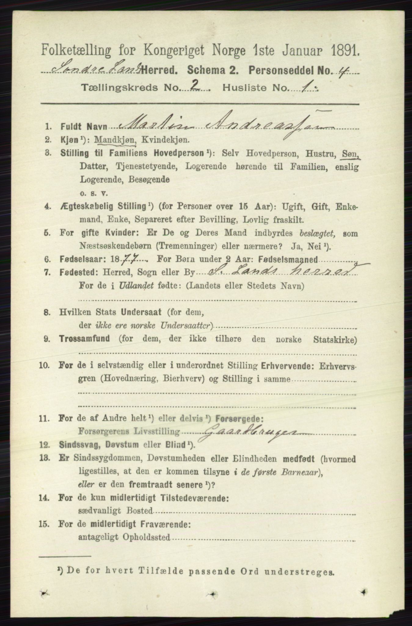 RA, 1891 census for 0536 Søndre Land, 1891, p. 1031