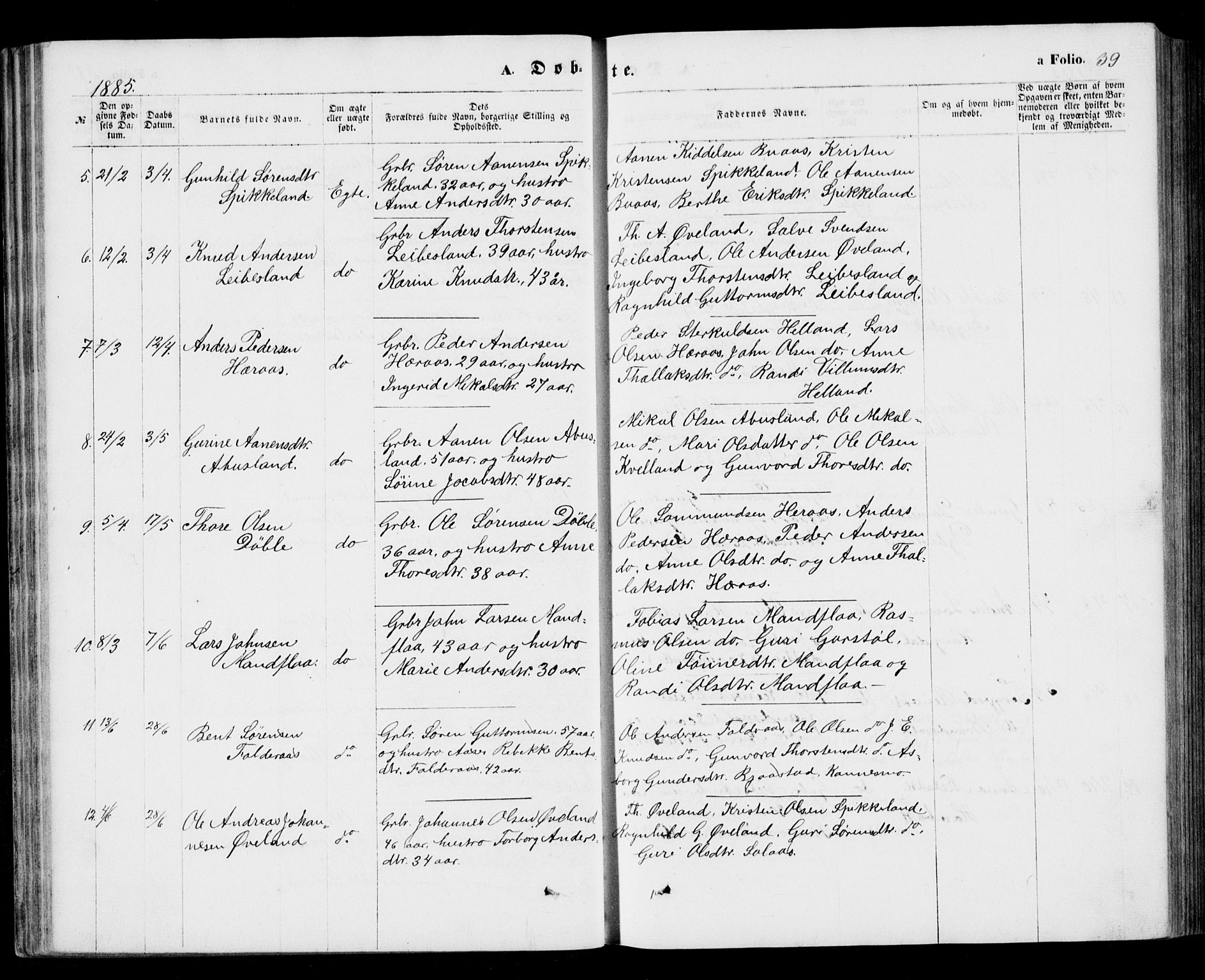 Bjelland sokneprestkontor, AV/SAK-1111-0005/F/Fb/Fbb/L0004: Parish register (copy) no. B 4, 1867-1887, p. 39