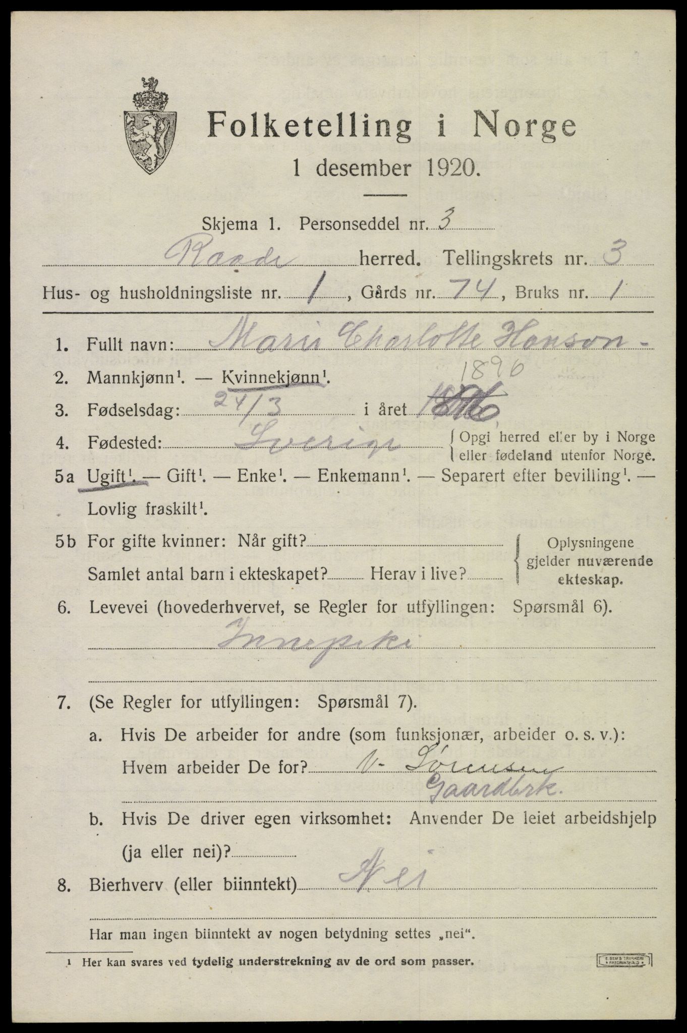 SAO, 1920 census for Råde, 1920, p. 3241