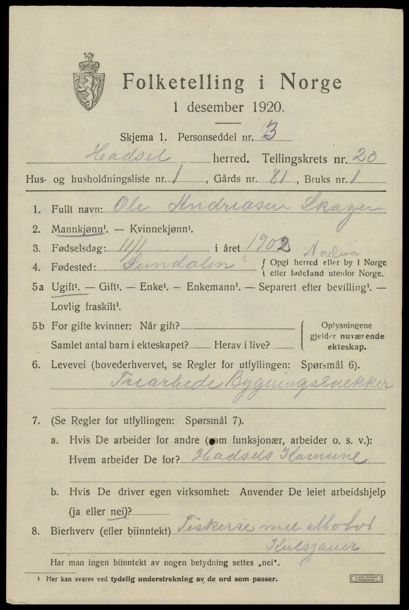 SAT, 1920 census for Hadsel, 1920, p. 18198