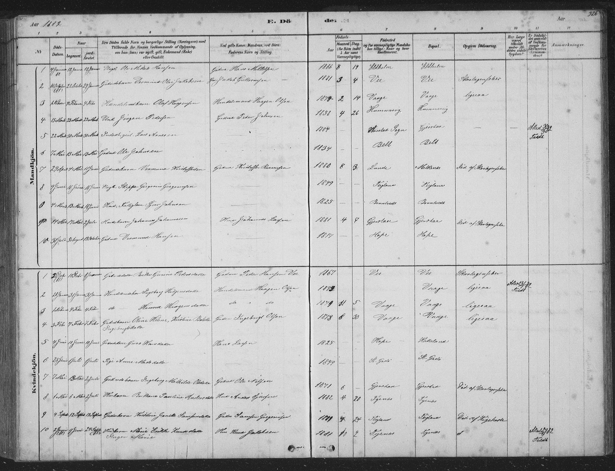 Tysnes sokneprestembete, SAB/A-78601/H/Hab: Parish register (copy) no. B 2, 1878-1918, p. 326