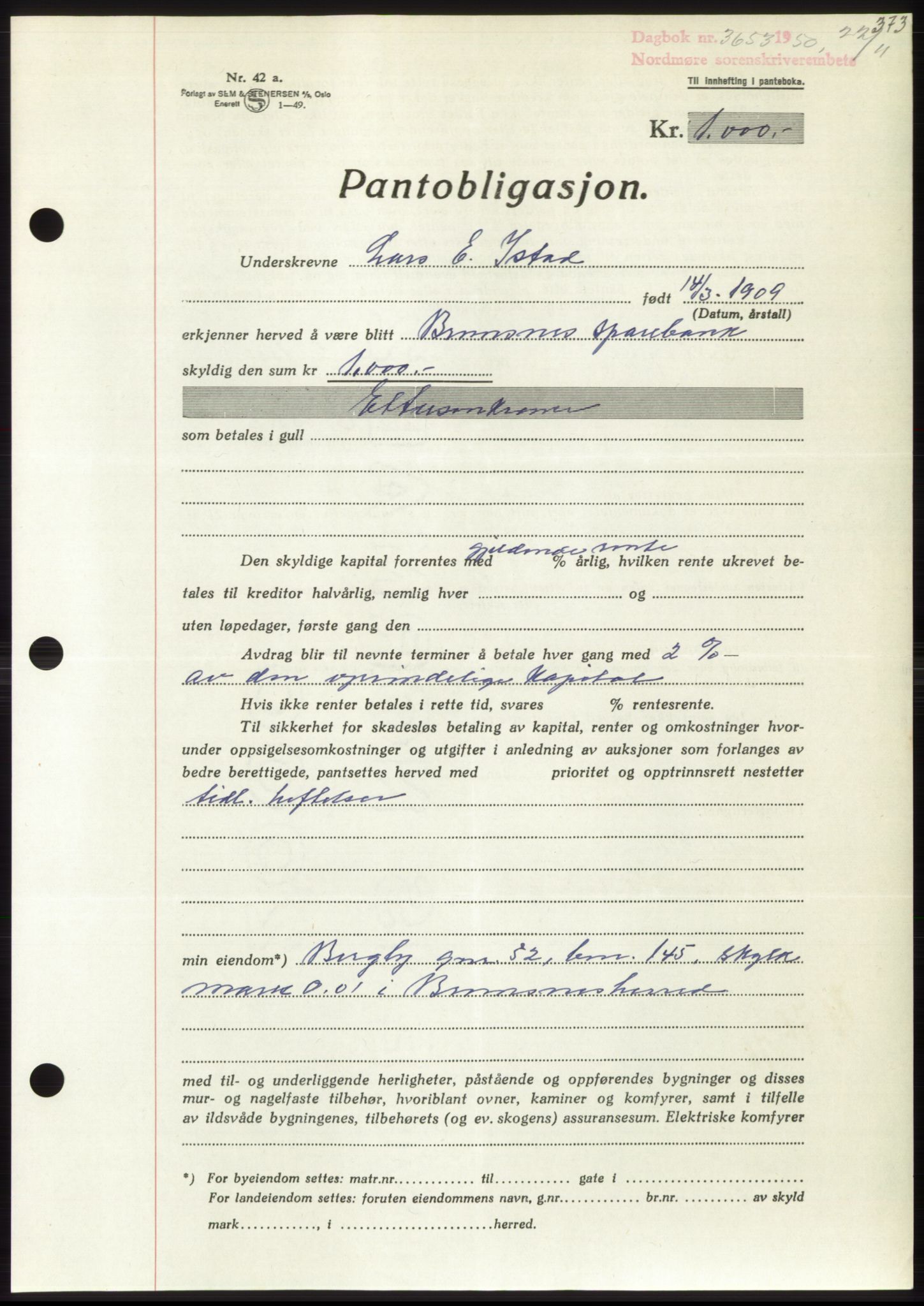 Nordmøre sorenskriveri, AV/SAT-A-4132/1/2/2Ca: Mortgage book no. B106, 1950-1950, Diary no: : 3653/1950