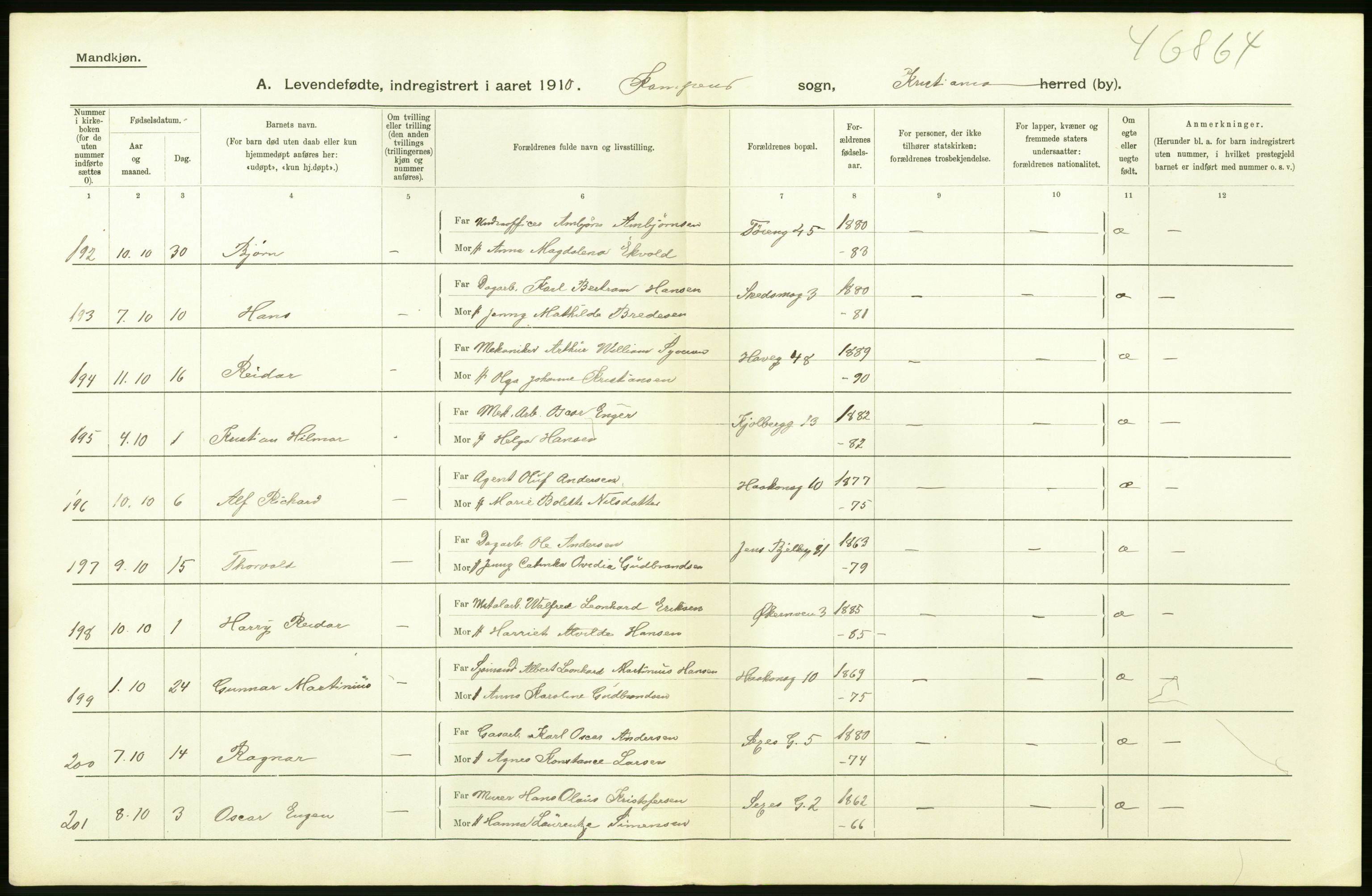 Statistisk sentralbyrå, Sosiodemografiske emner, Befolkning, RA/S-2228/D/Df/Dfa/Dfah/L0006: Kristiania: Levendefødte menn., 1910, p. 316