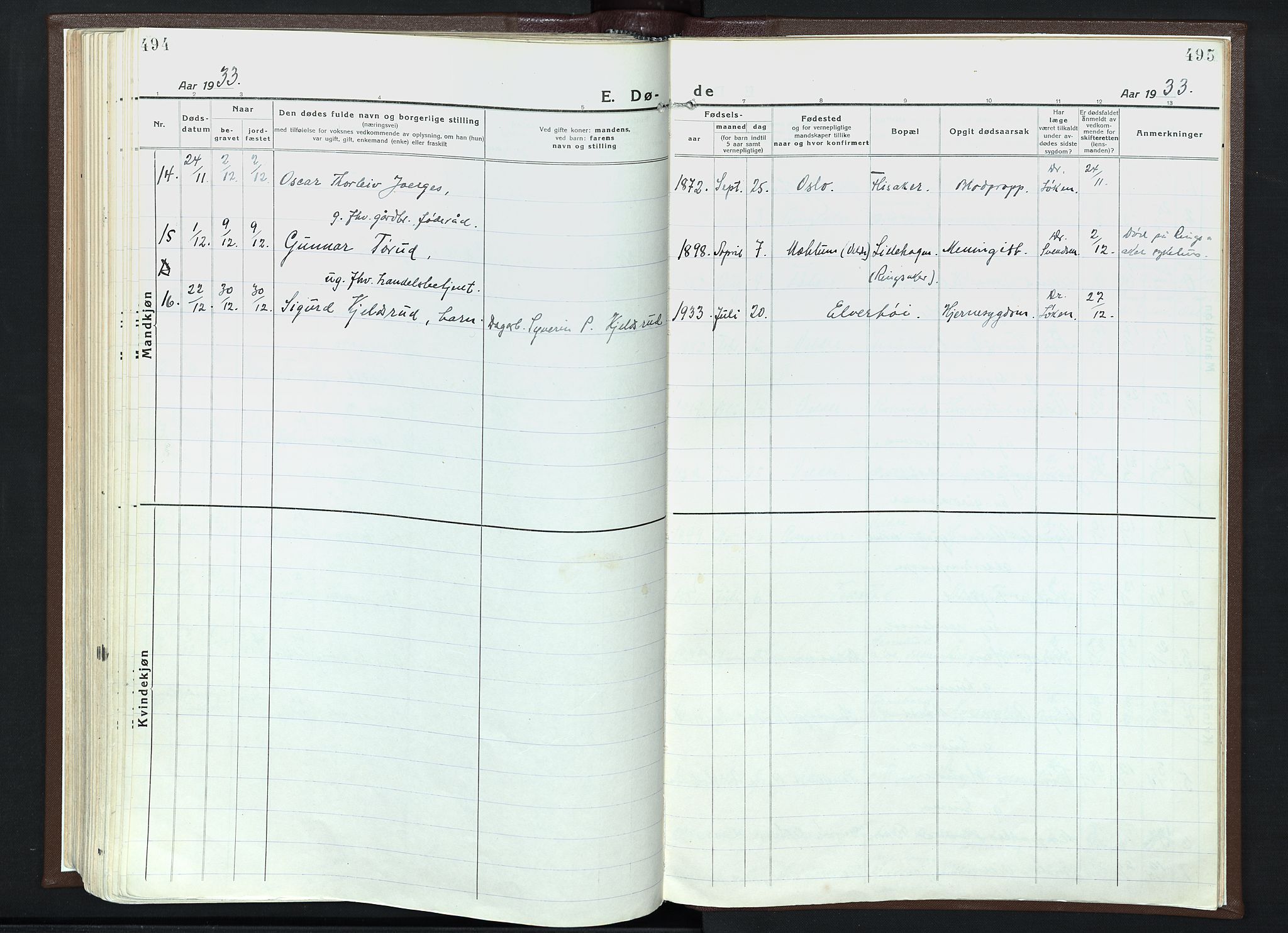 Veldre prestekontor, SAH/PREST-018/K/Ka/L0001: Parish register (official) no. 1, 1921-1934, p. 494-495